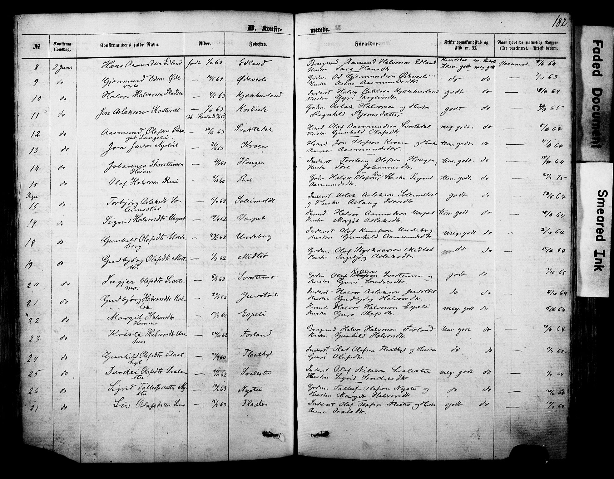 Vinje kirkebøker, AV/SAKO-A-312/F/Fa/L0005: Ministerialbok nr. I 5, 1870-1886, s. 182