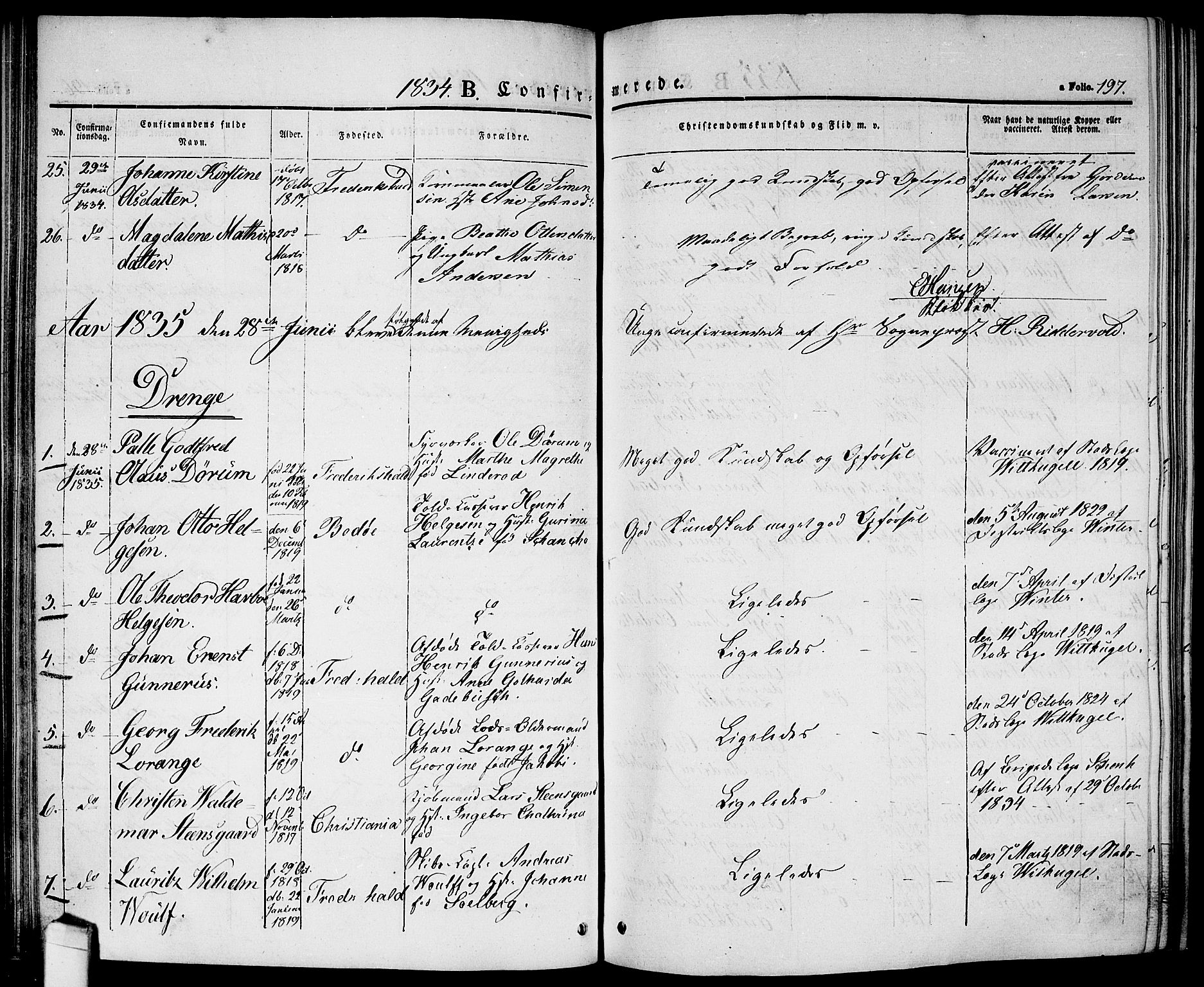 Halden prestekontor Kirkebøker, AV/SAO-A-10909/G/Ga/L0003: Klokkerbok nr. 3, 1834-1844, s. 197