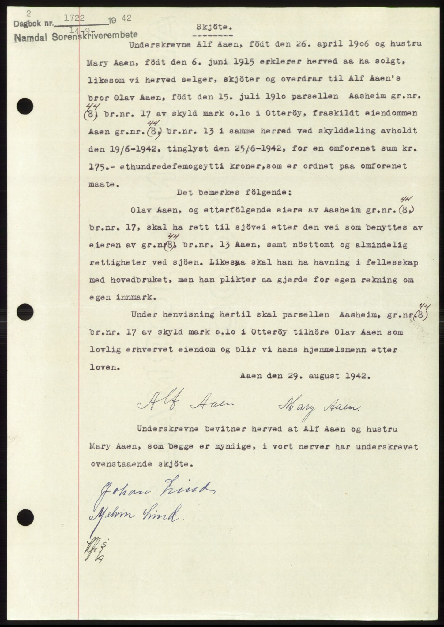 Namdal sorenskriveri, SAT/A-4133/1/2/2C: Pantebok nr. -, 1942-1943, Dagboknr: 1722/1942