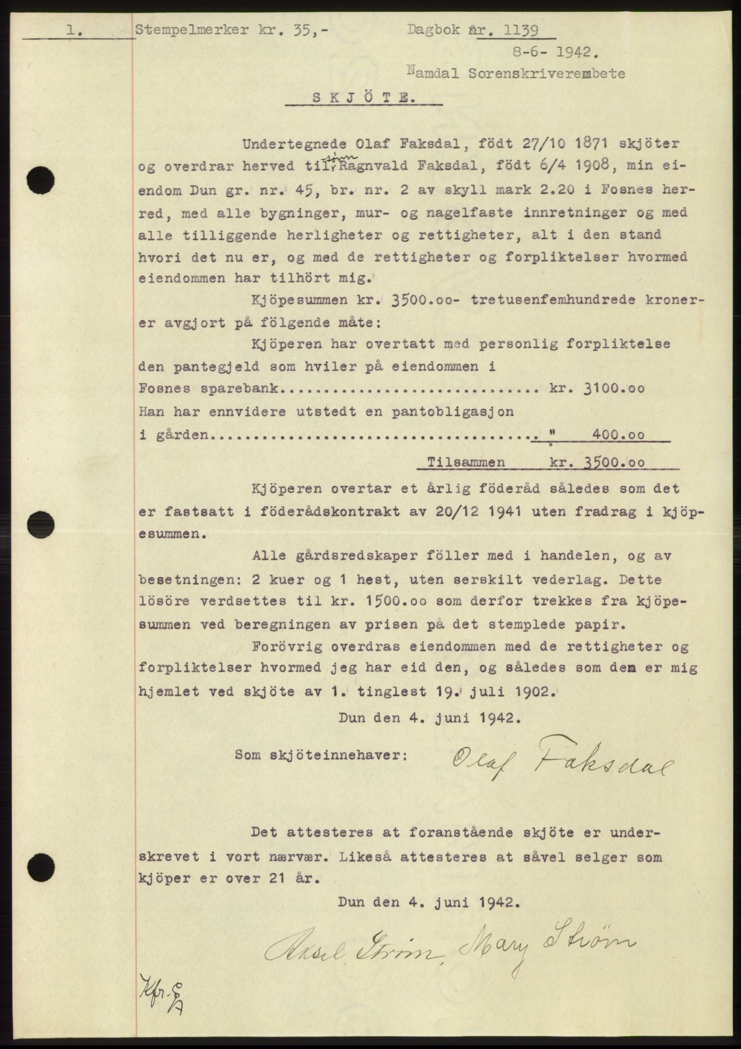 Namdal sorenskriveri, SAT/A-4133/1/2/2C: Pantebok nr. -, 1941-1942, Dagboknr: 1139/1942