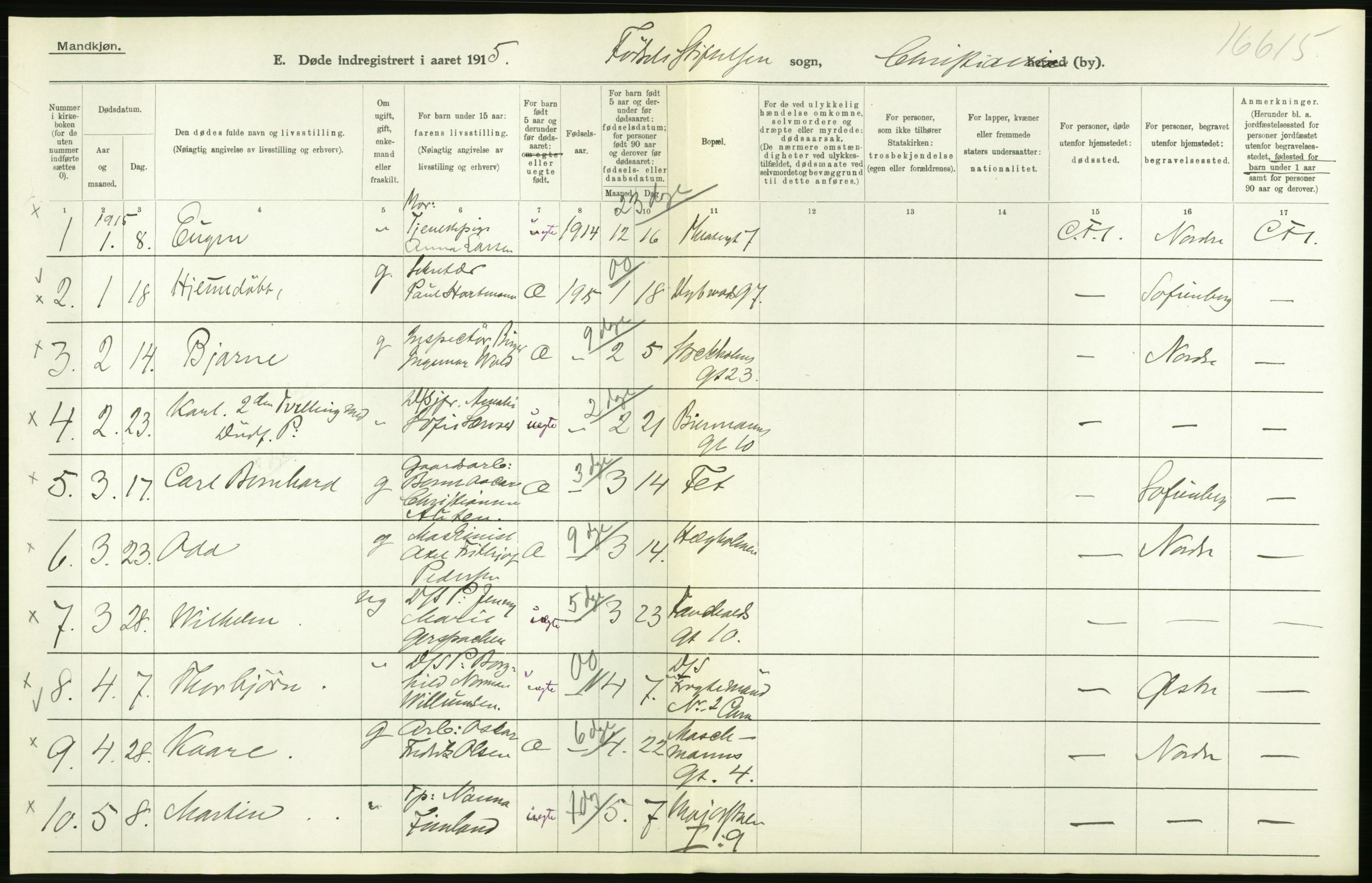 Statistisk sentralbyrå, Sosiodemografiske emner, Befolkning, RA/S-2228/D/Df/Dfb/Dfbe/L0010: Kristiania: Døde, dødfødte., 1915, s. 372