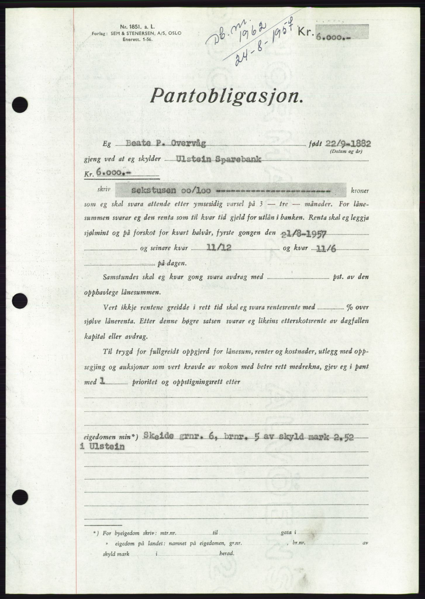 Søre Sunnmøre sorenskriveri, AV/SAT-A-4122/1/2/2C/L0130: Pantebok nr. 18B, 1957-1958, Dagboknr: 1962/1957