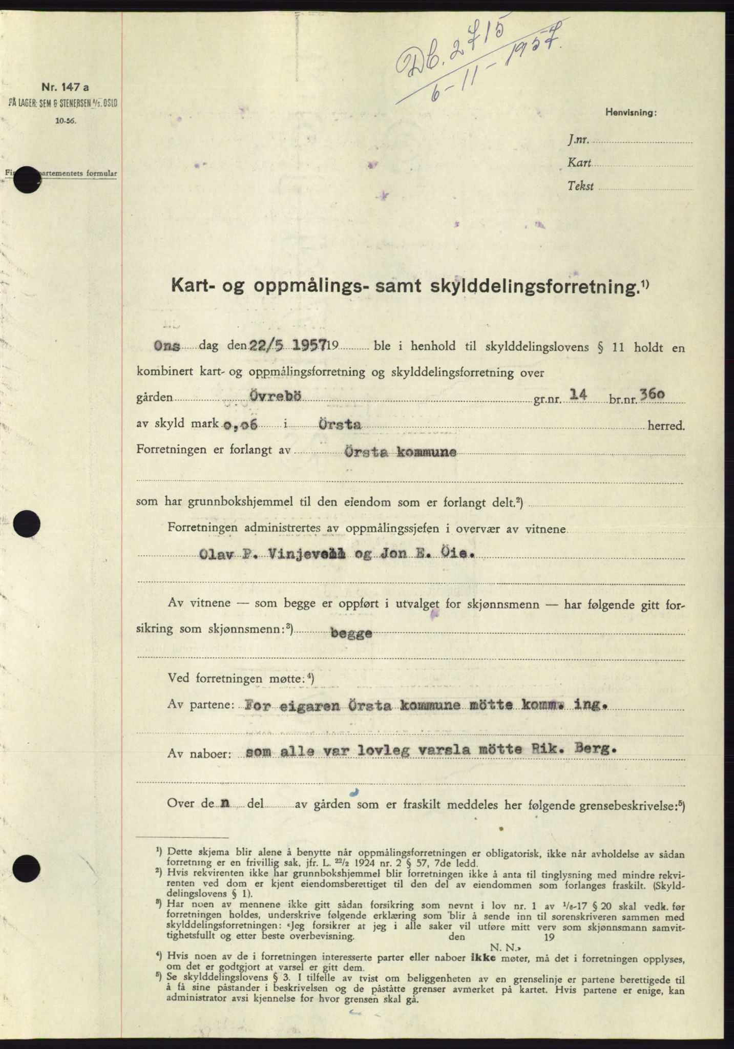 Søre Sunnmøre sorenskriveri, SAT/A-4122/1/2/2C/L0108: Pantebok nr. 34A, 1957-1958, Dagboknr: 2715/1957