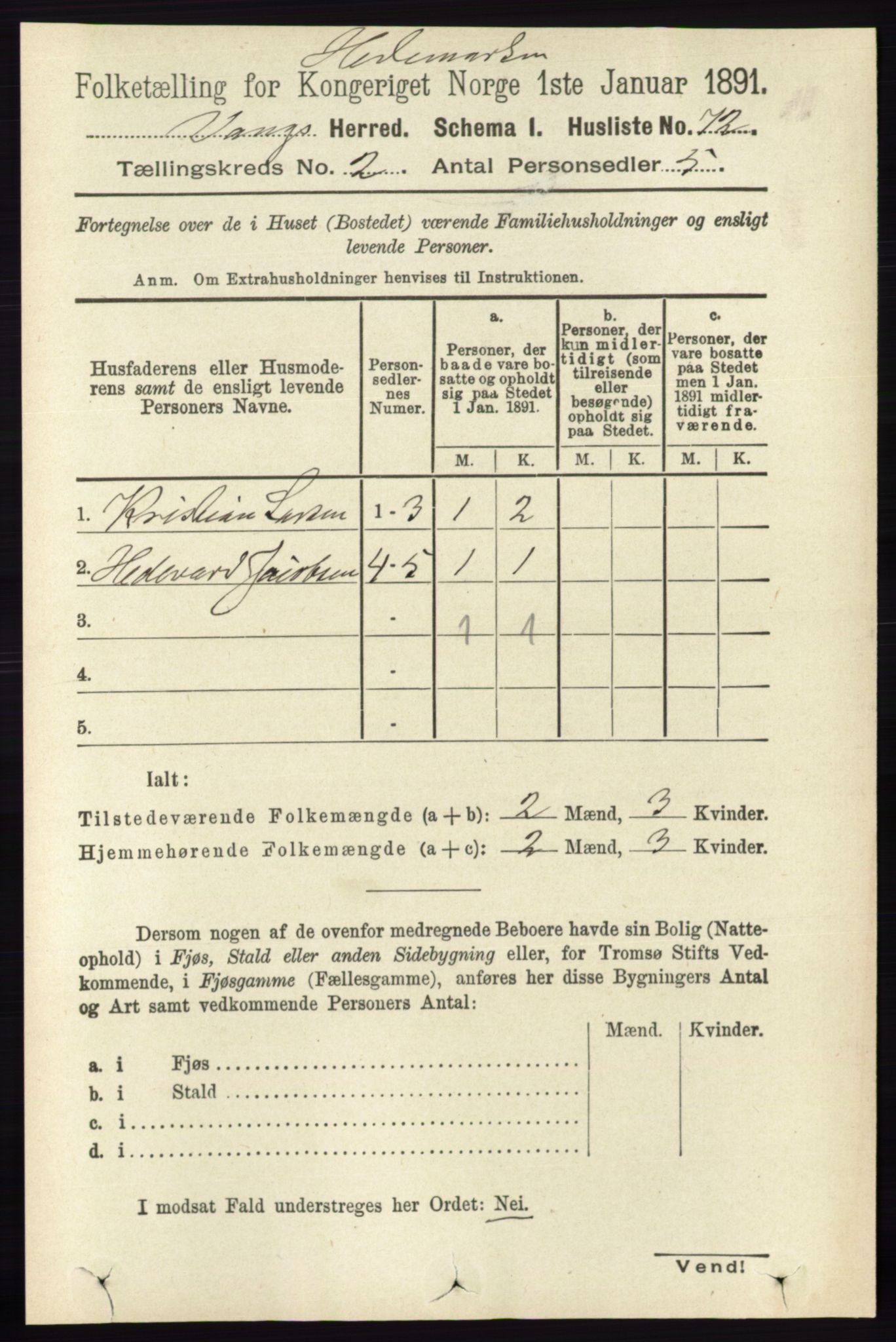RA, Folketelling 1891 for 0414 Vang herred, 1891, s. 1003