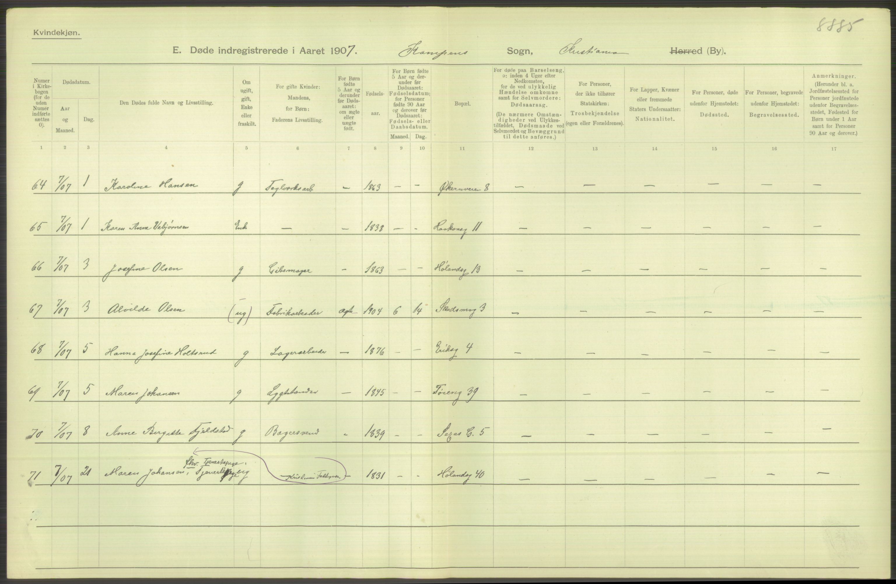 Statistisk sentralbyrå, Sosiodemografiske emner, Befolkning, AV/RA-S-2228/D/Df/Dfa/Dfae/L0009: Kristiania: Døde, 1907, s. 476