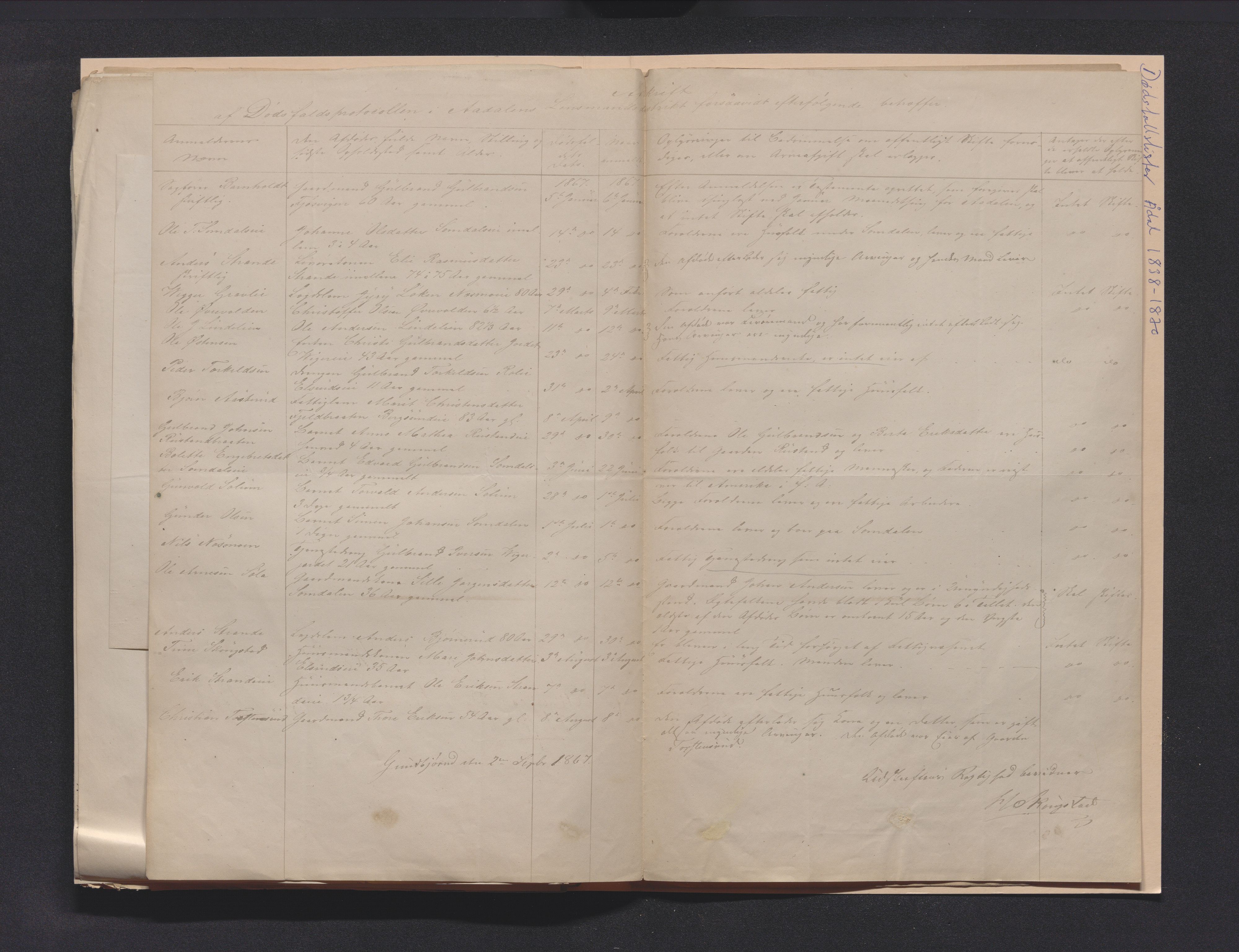 Ringerike sorenskriveri, AV/SAKO-A-105/H/Ha/Hab/L0001: Dødsfallslister Ådal, 1838-1896