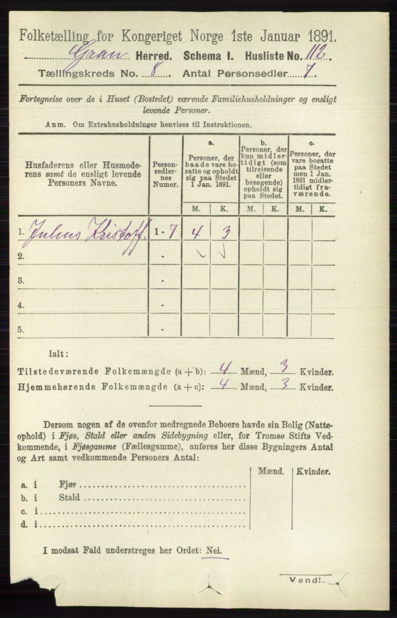 RA, Folketelling 1891 for 0534 Gran herred, 1891, s. 3342