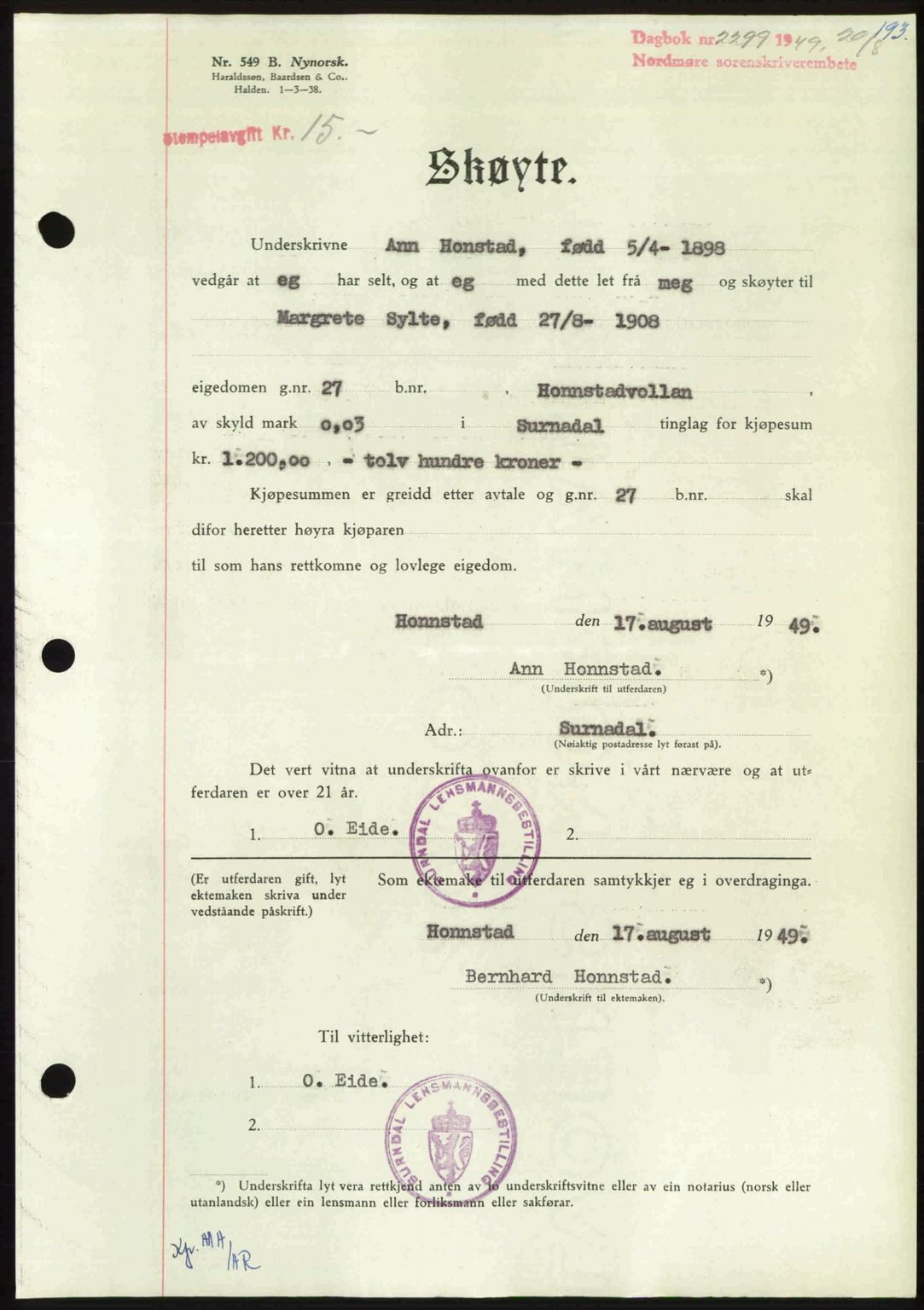 Nordmøre sorenskriveri, SAT/A-4132/1/2/2Ca: Pantebok nr. A112, 1949-1949, Dagboknr: 2299/1949