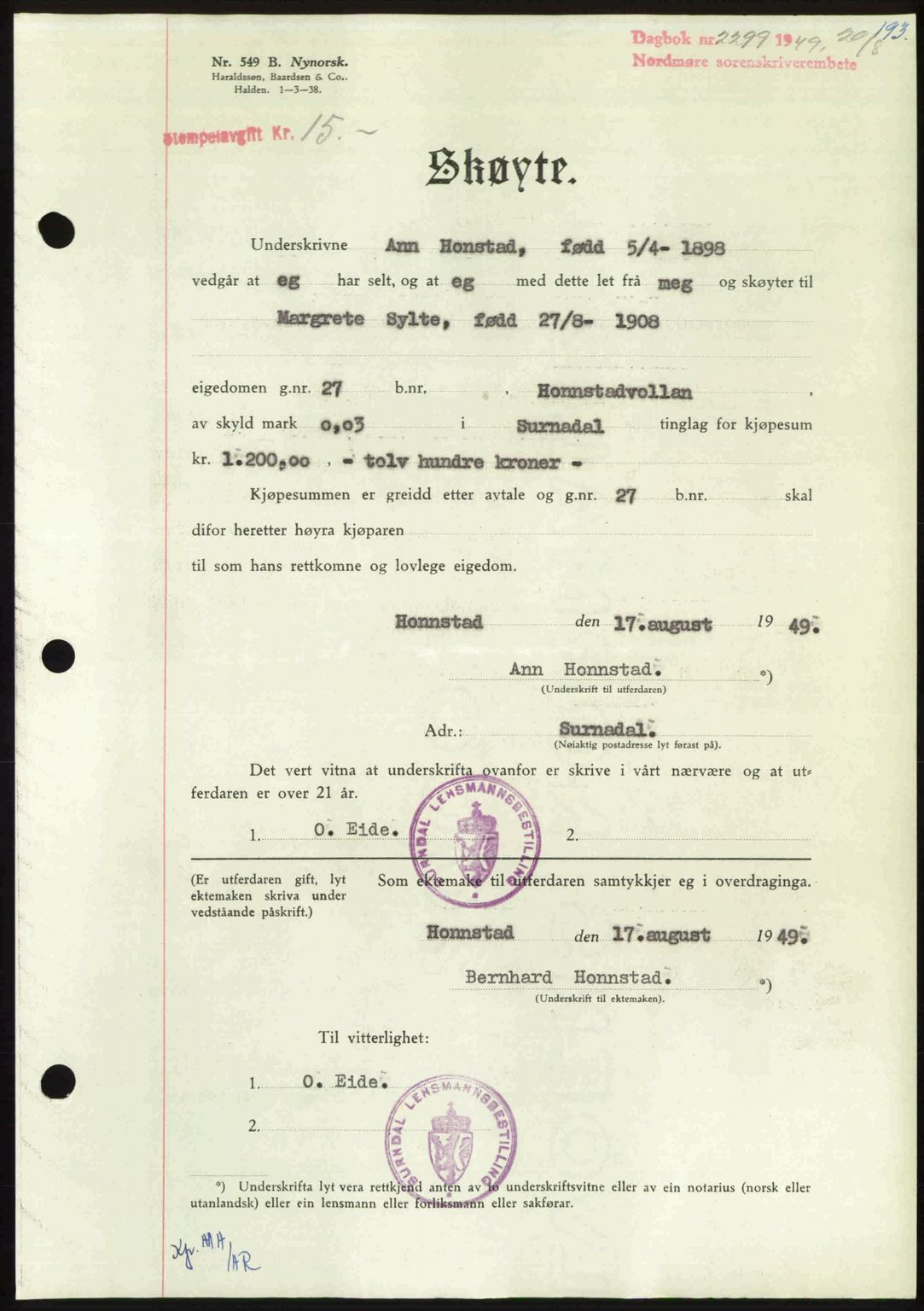 Nordmøre sorenskriveri, AV/SAT-A-4132/1/2/2Ca: Pantebok nr. A112, 1949-1949, Dagboknr: 2299/1949