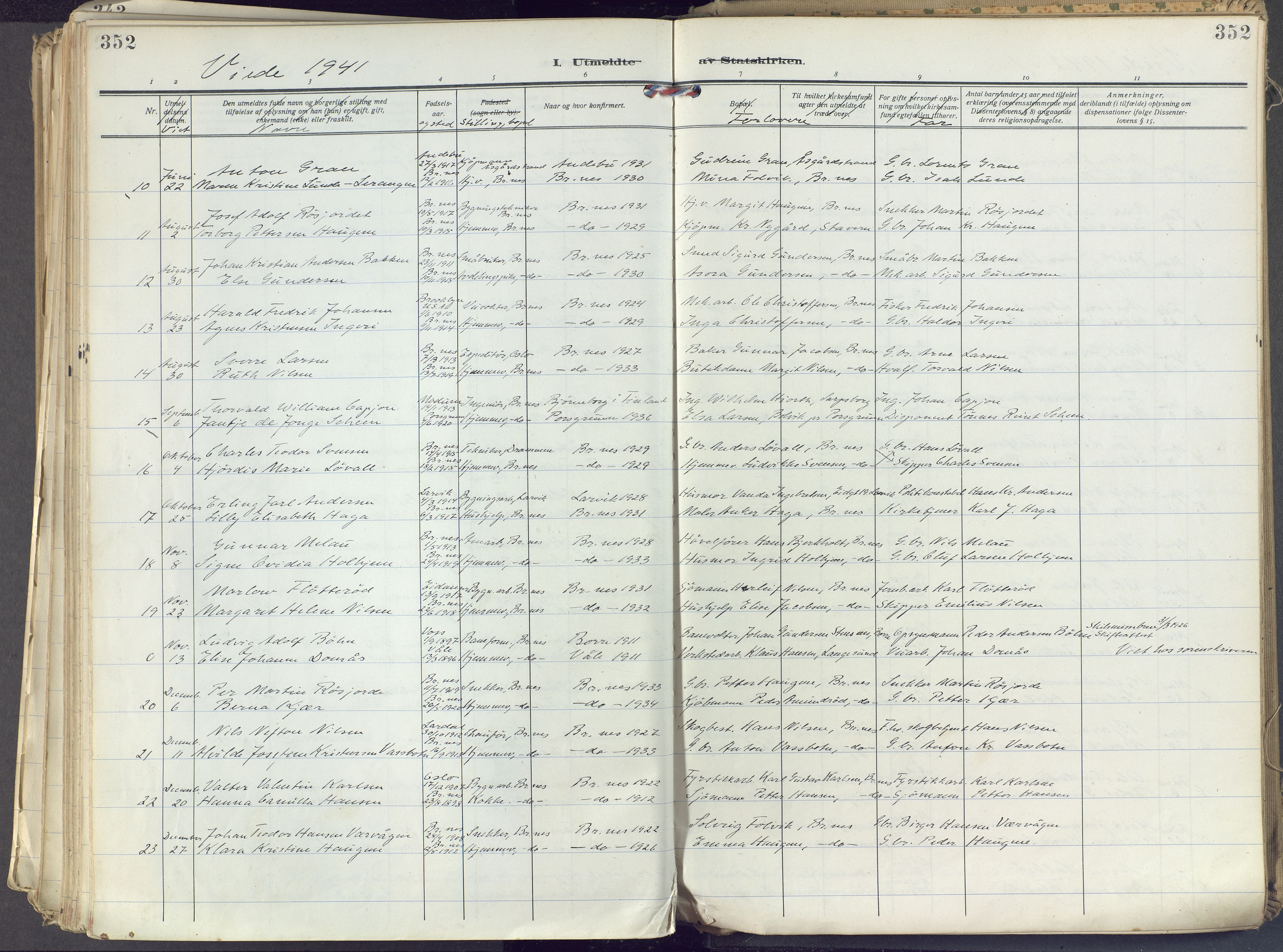 Brunlanes kirkebøker, SAKO/A-342/F/Fc/L0004: Ministerialbok nr. III 4, 1923-1943, s. 352