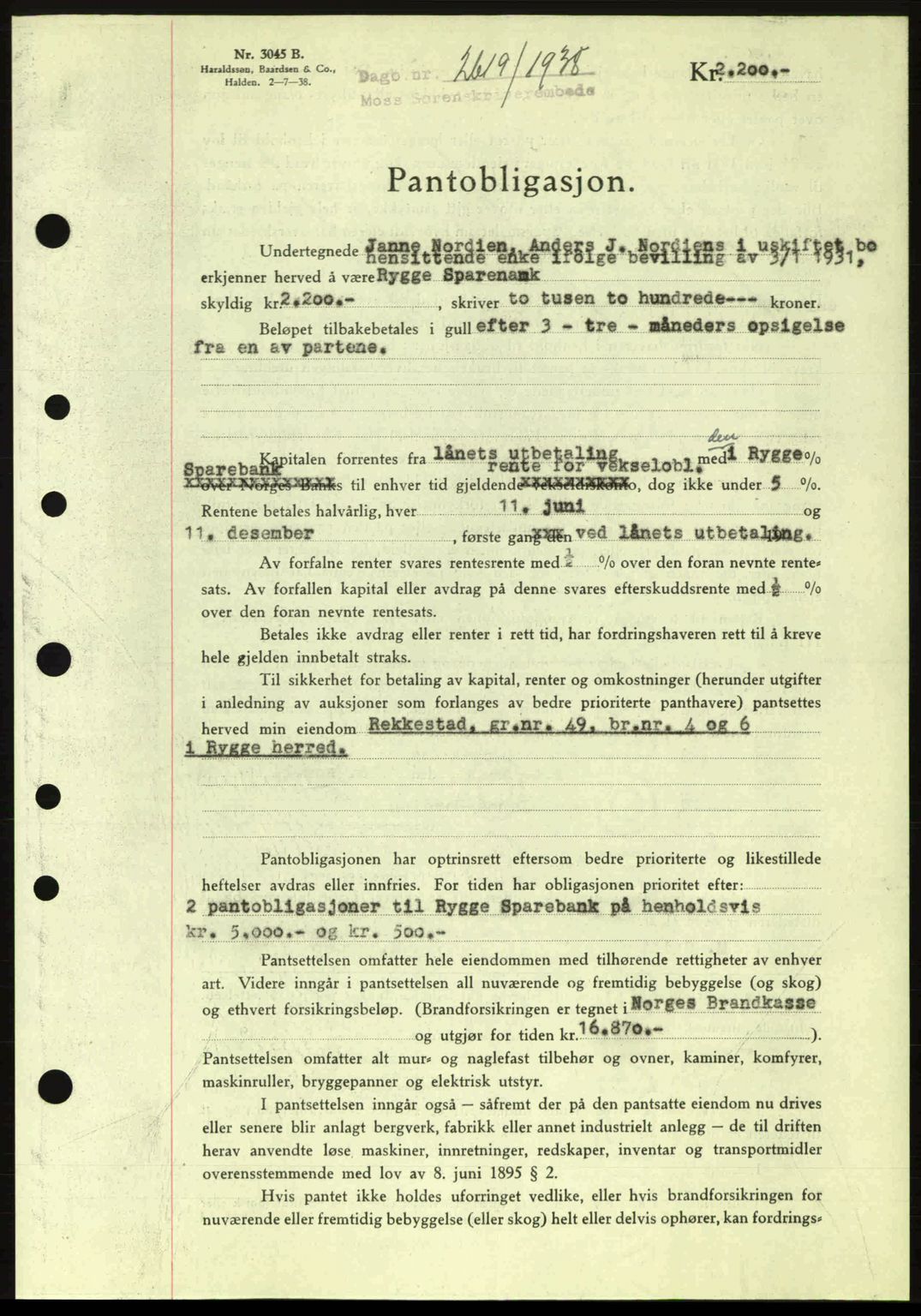 Moss sorenskriveri, SAO/A-10168: Pantebok nr. B6, 1938-1938, Dagboknr: 2619/1938