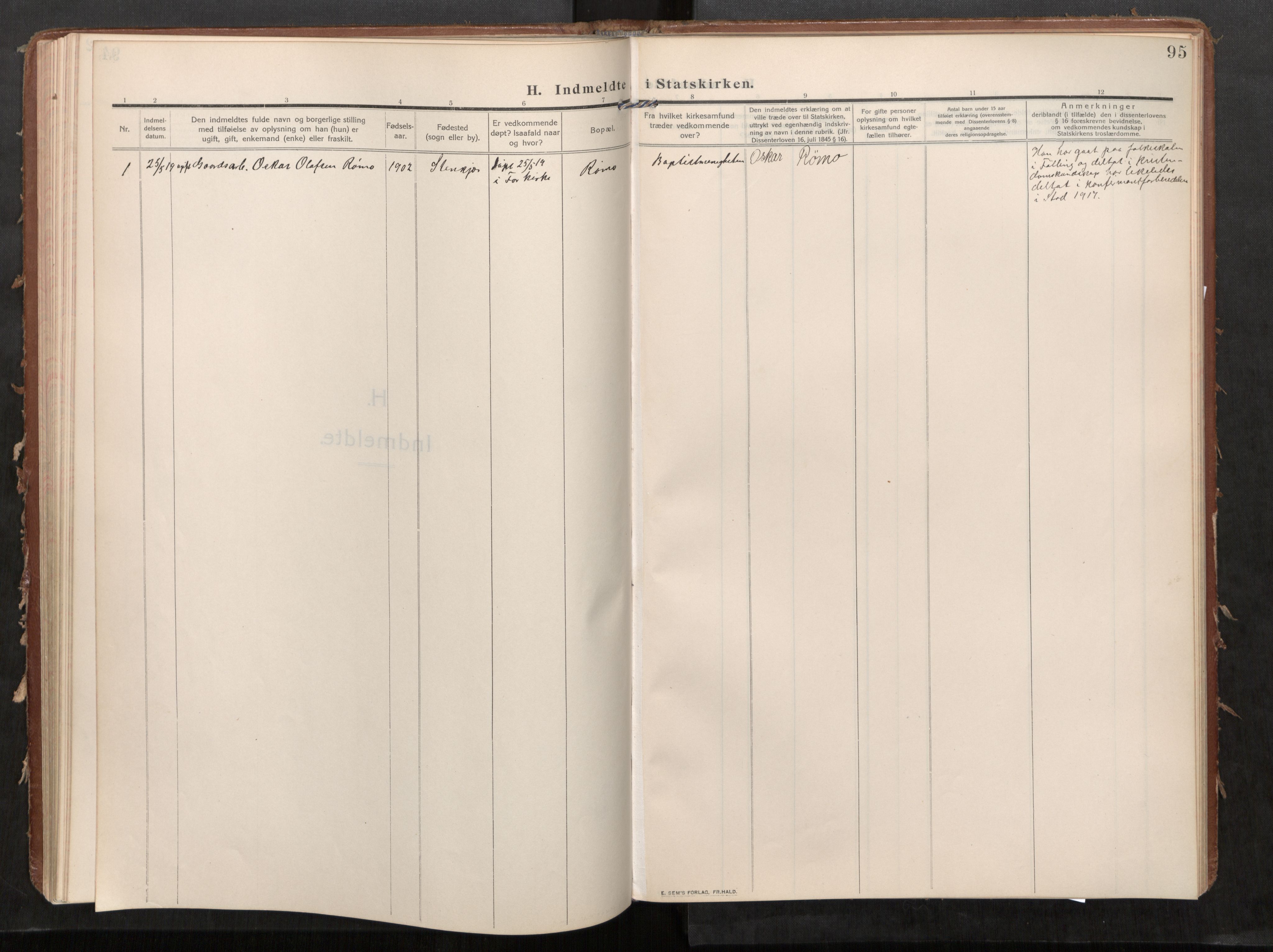 Stod sokneprestkontor, AV/SAT-A-1164/1/I/I1/I1a/L0002: Ministerialbok nr. 2, 1909-1922, s. 95