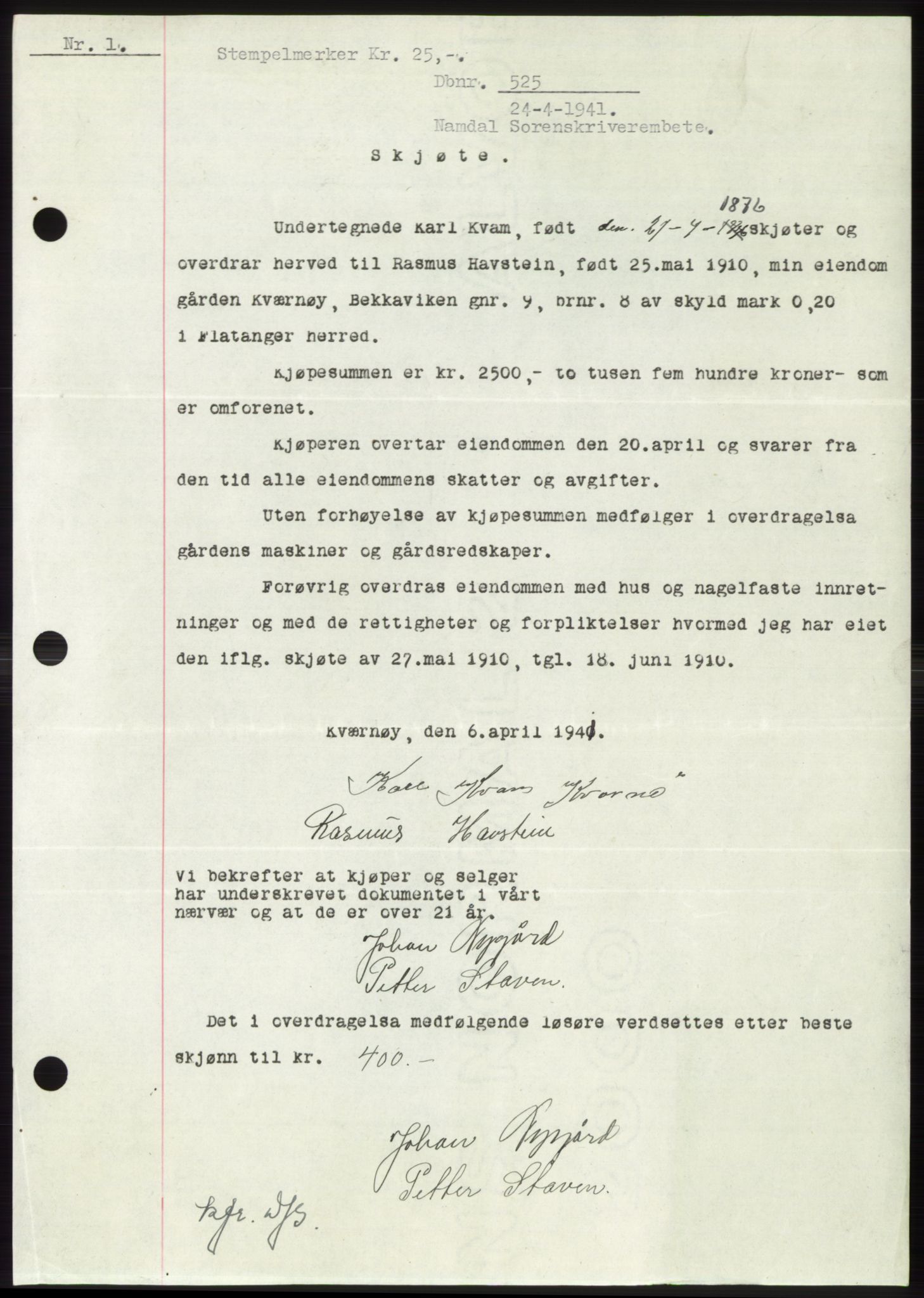 Namdal sorenskriveri, SAT/A-4133/1/2/2C: Pantebok nr. -, 1940-1941, Tingl.dato: 24.04.1941