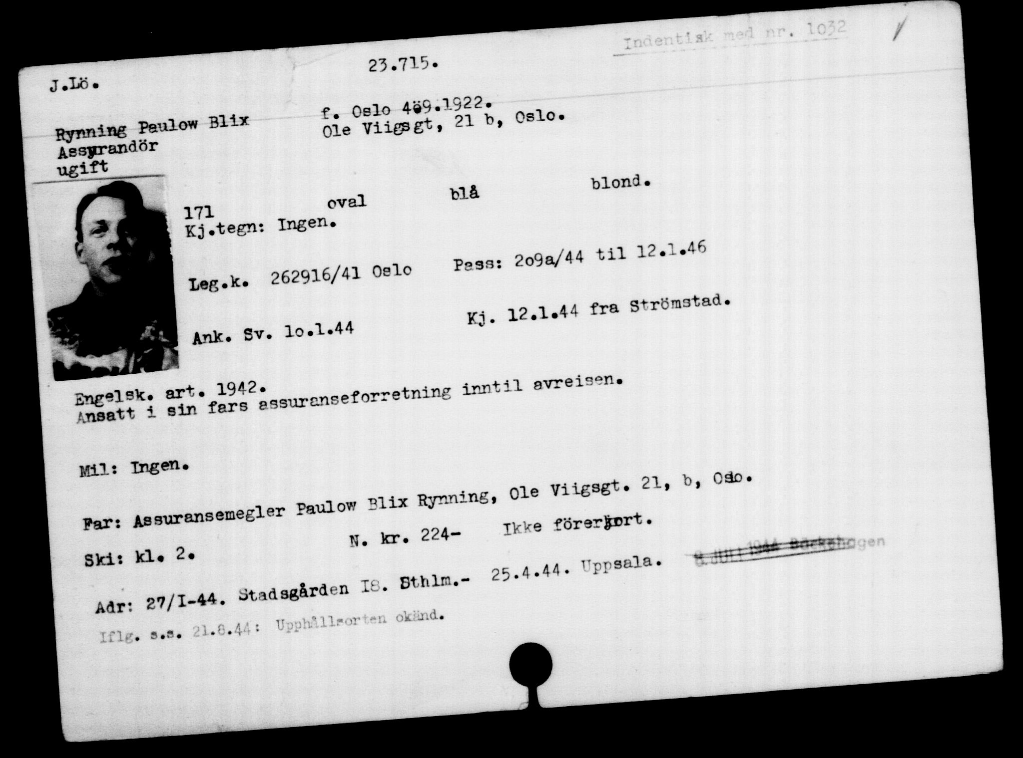 Utenriksstasjonene, Legasjonen i Stockholm, Flyktningkontoret, AV/RA-S-6753/V/Va/L0010: Kjesäterkartoteket, flyktninger med registreringsnr. 22000-25314, 1940-1945, s. 1824