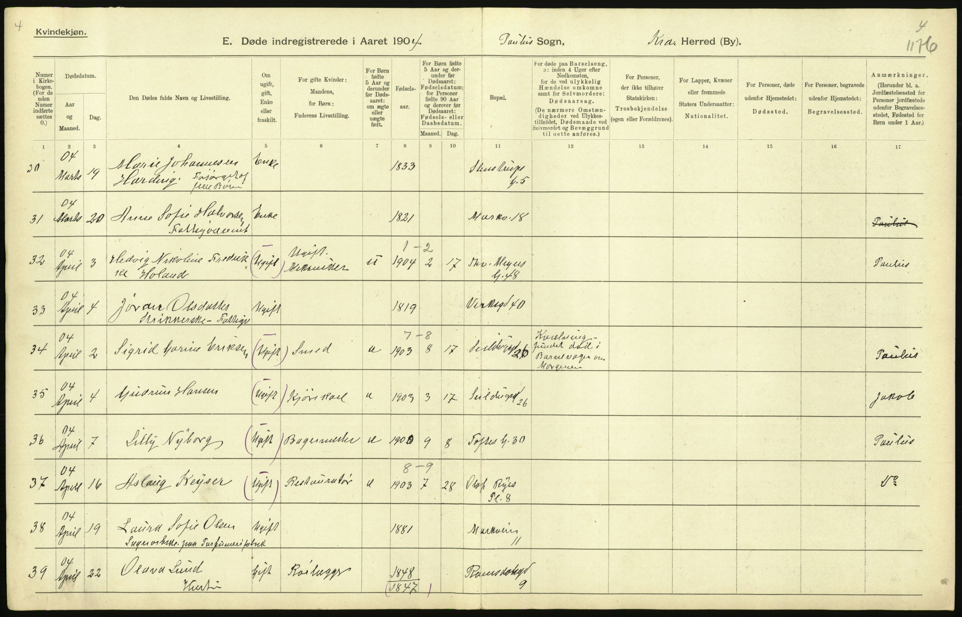 Statistisk sentralbyrå, Sosiodemografiske emner, Befolkning, AV/RA-S-2228/D/Df/Dfa/Dfab/L0004: Kristiania: Gifte, døde, 1904, s. 347