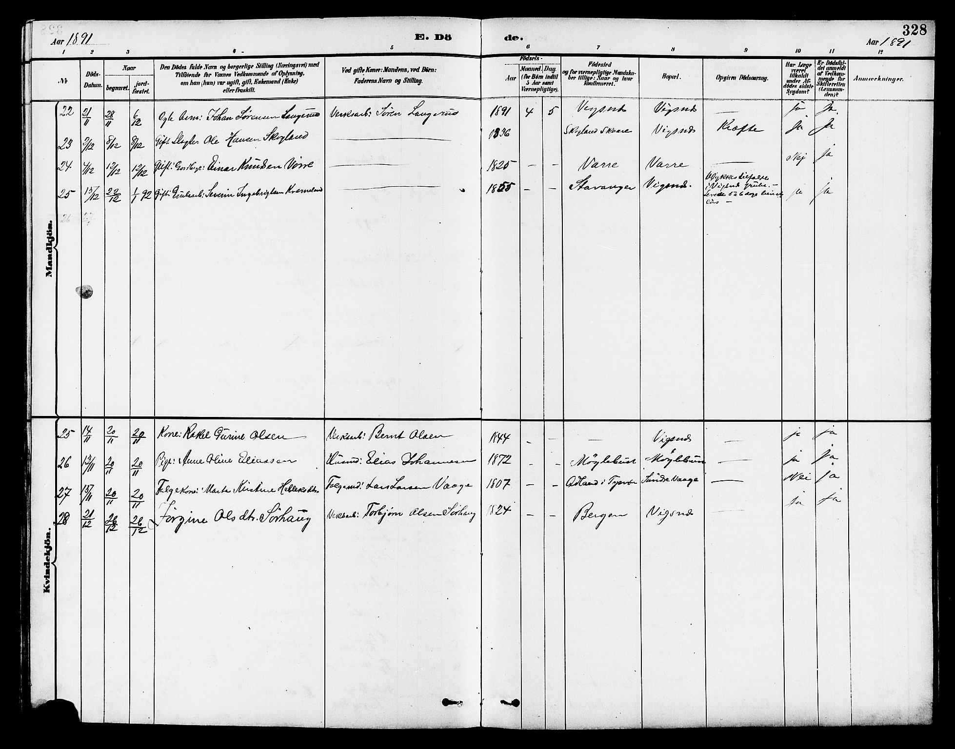 Avaldsnes sokneprestkontor, AV/SAST-A -101851/H/Ha/Hab/L0007: Klokkerbok nr. B 7, 1885-1909, s. 328