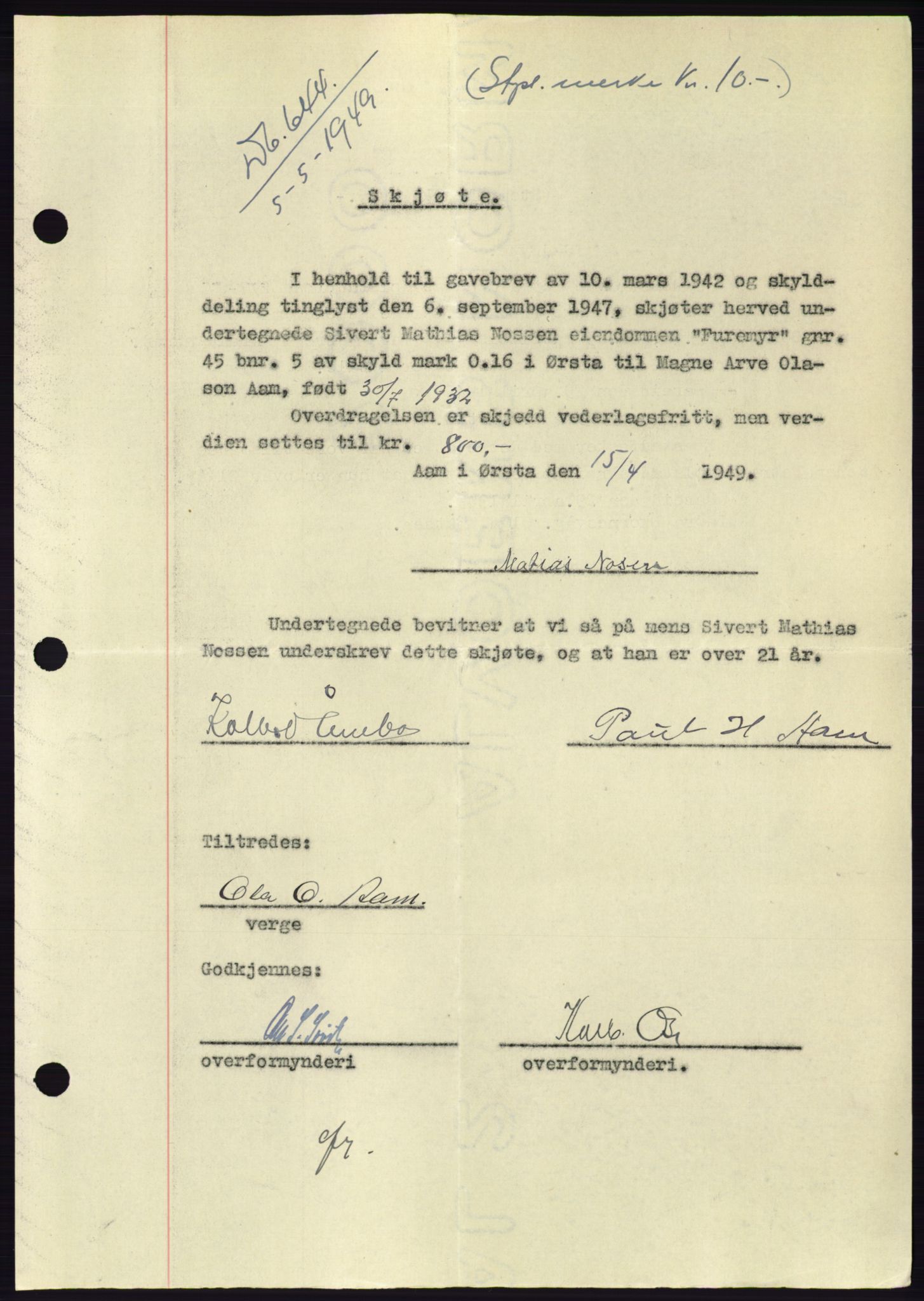 Søre Sunnmøre sorenskriveri, AV/SAT-A-4122/1/2/2C/L0084: Pantebok nr. 10A, 1949-1949, Dagboknr: 644/1949