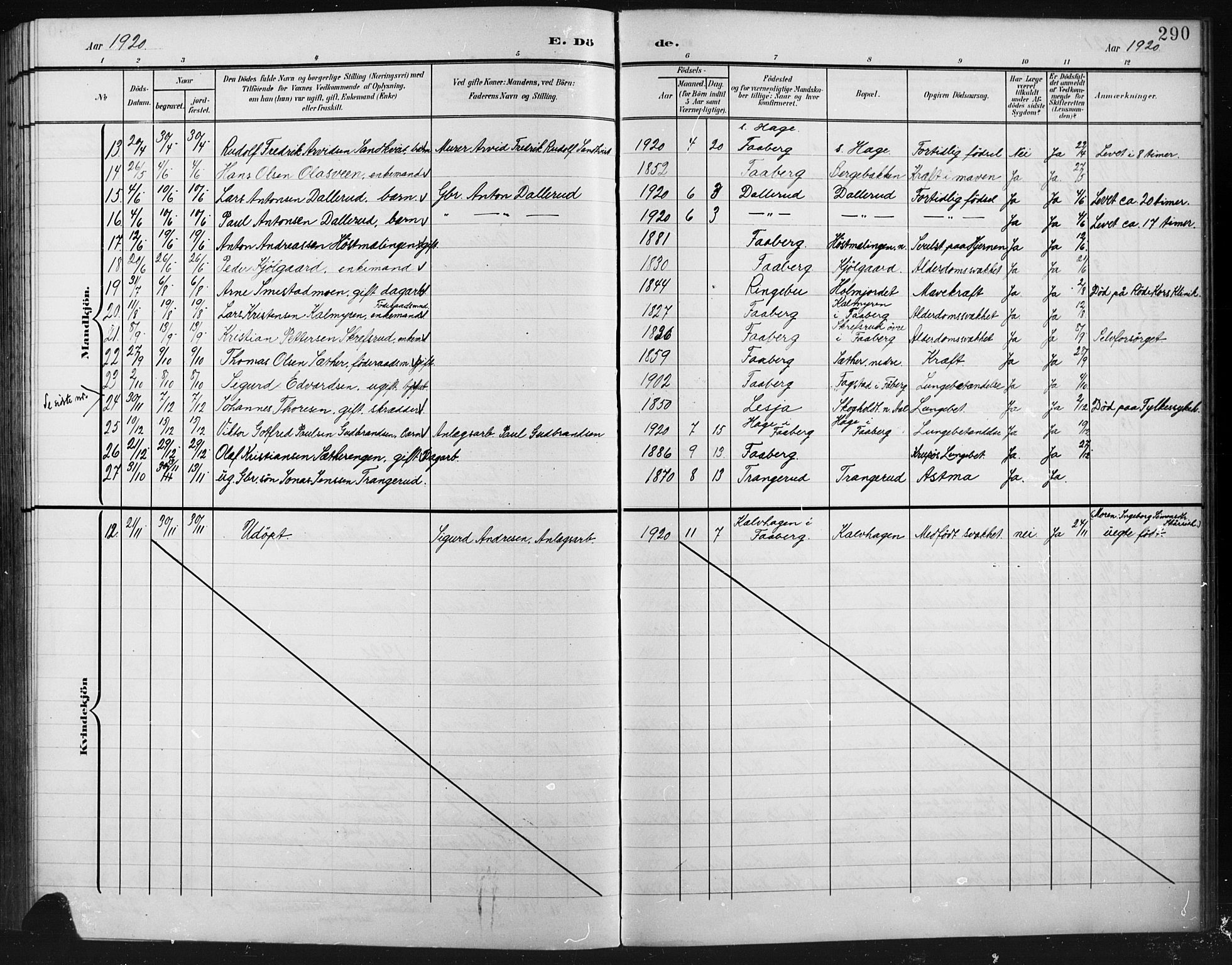 Fåberg prestekontor, SAH/PREST-086/H/Ha/Hab/L0012: Klokkerbok nr. 12, 1903-1924, s. 290