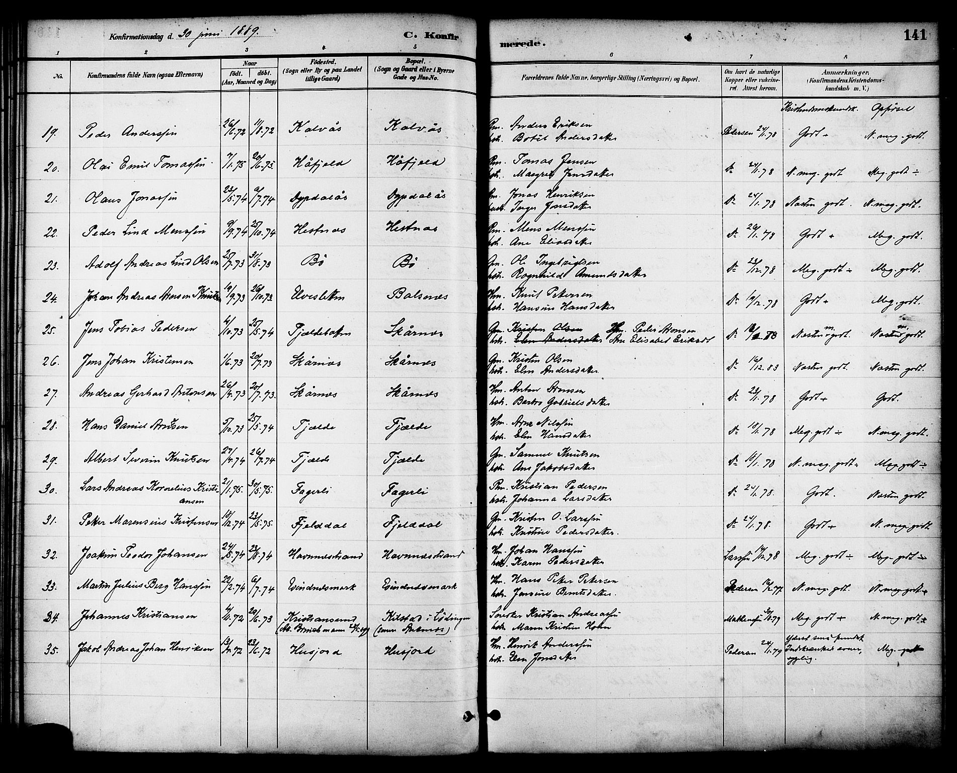 Ministerialprotokoller, klokkerbøker og fødselsregistre - Nordland, AV/SAT-A-1459/863/L0898: Ministerialbok nr. 863A10, 1886-1897, s. 141