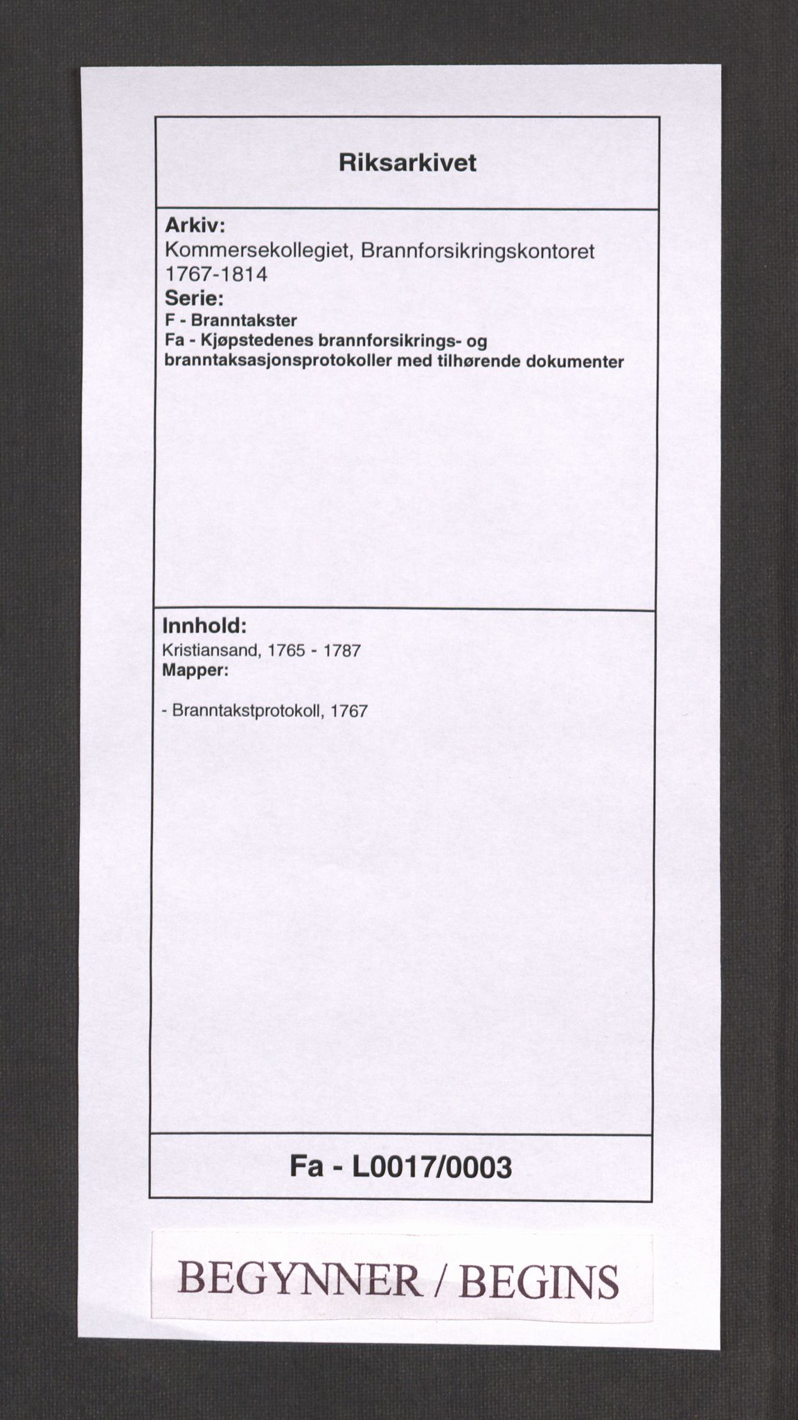 Kommersekollegiet, Brannforsikringskontoret 1767-1814, RA/EA-5458/F/Fa/L0017/0003: Kristiansand / Branntakstprotokoll, 1767