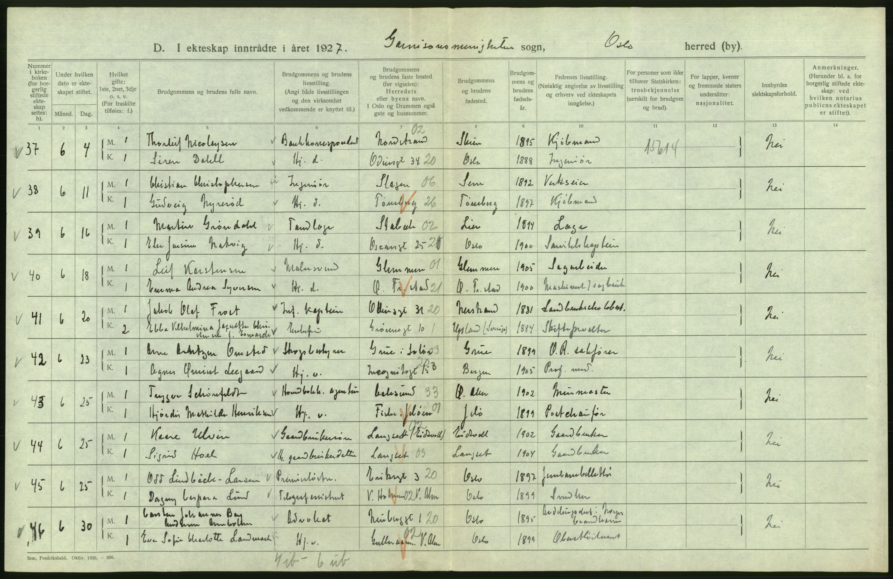 Statistisk sentralbyrå, Sosiodemografiske emner, Befolkning, AV/RA-S-2228/D/Df/Dfc/Dfcg/L0008: Oslo: Gifte, 1927, s. 658