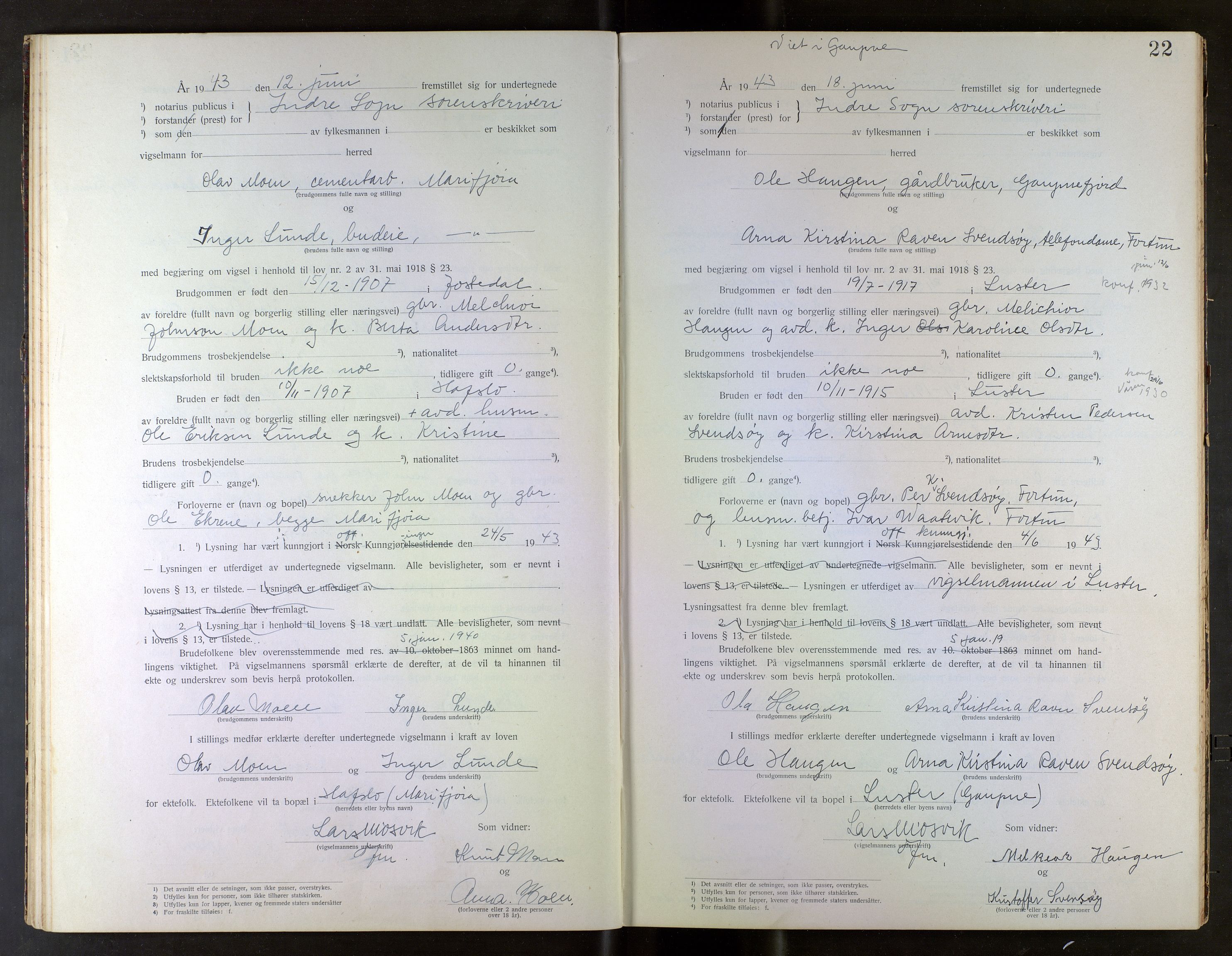 Indre Sogn tingrett, AV/SAB-A-3301/1/L/La/Laa/L0001: Vigselsbok Indre Sogn, 1938-1967, s. 22