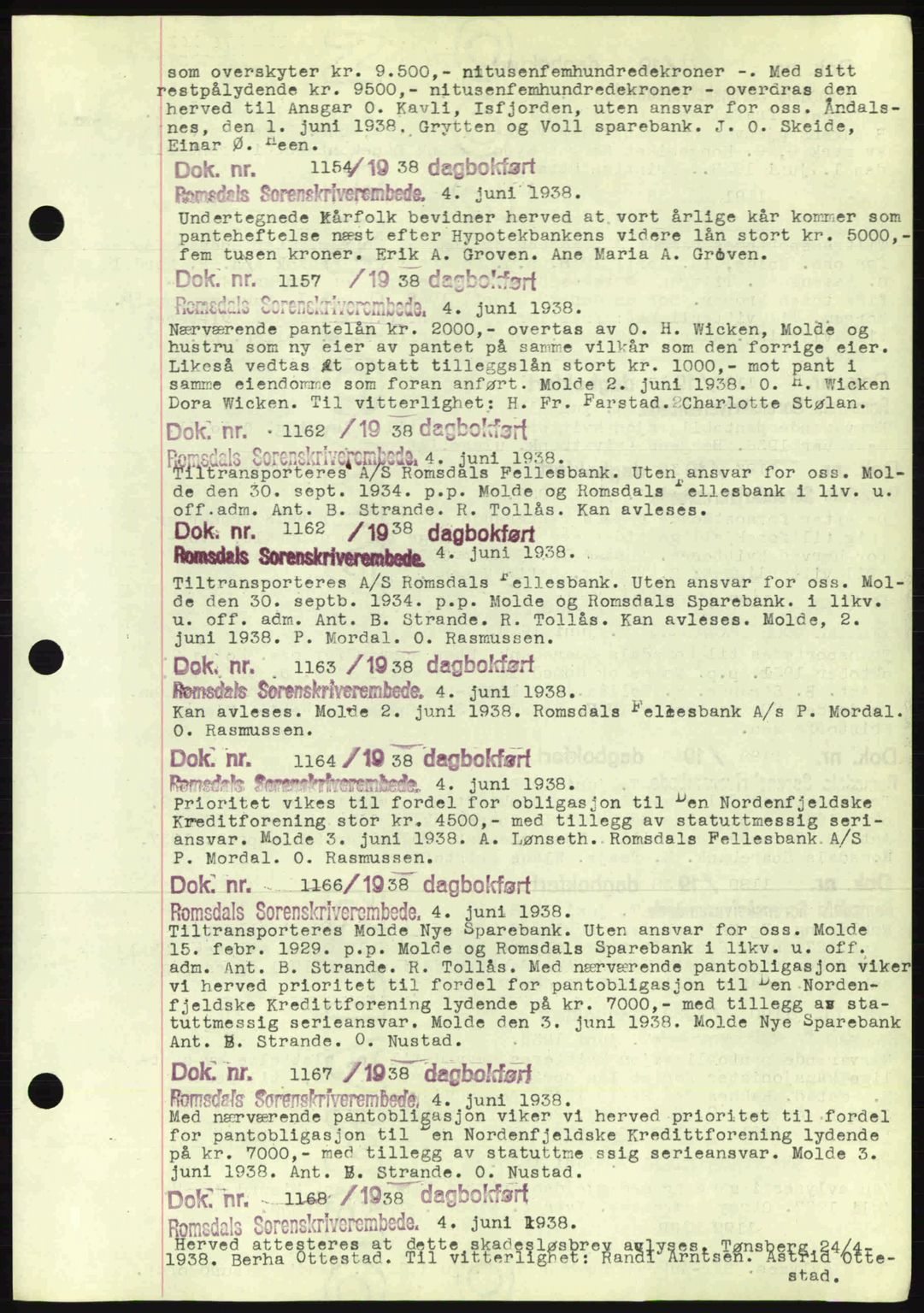 Romsdal sorenskriveri, AV/SAT-A-4149/1/2/2C: Pantebok nr. C1a, 1936-1945, Dagboknr: 1154/1938