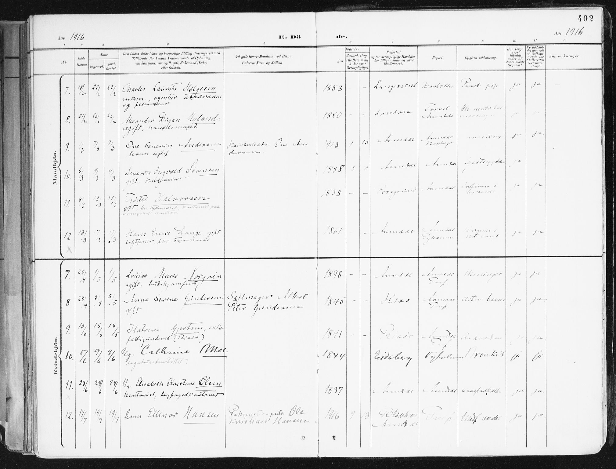 Arendal sokneprestkontor, Trefoldighet, AV/SAK-1111-0040/F/Fa/L0010: Ministerialbok nr. A 10, 1900-1919, s. 402