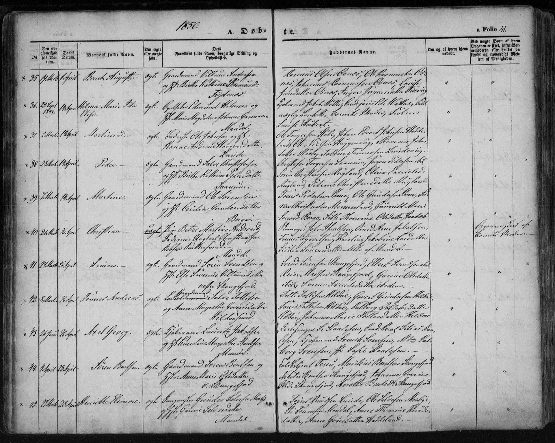 Mandal sokneprestkontor, AV/SAK-1111-0030/F/Fa/Faa/L0013: Ministerialbok nr. A 13, 1847-1859, s. 41