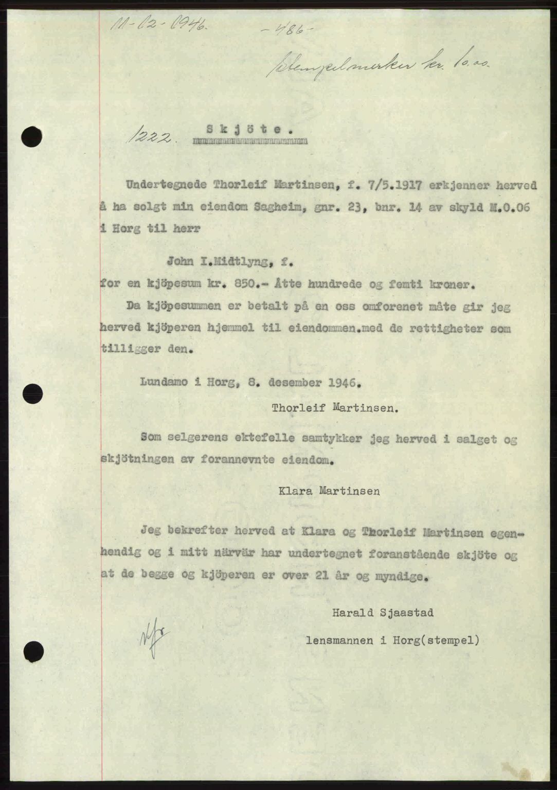 Gauldal sorenskriveri, SAT/A-0014/1/2/2C: Pantebok nr. A2, 1946-1946, Dagboknr: 1222/1946