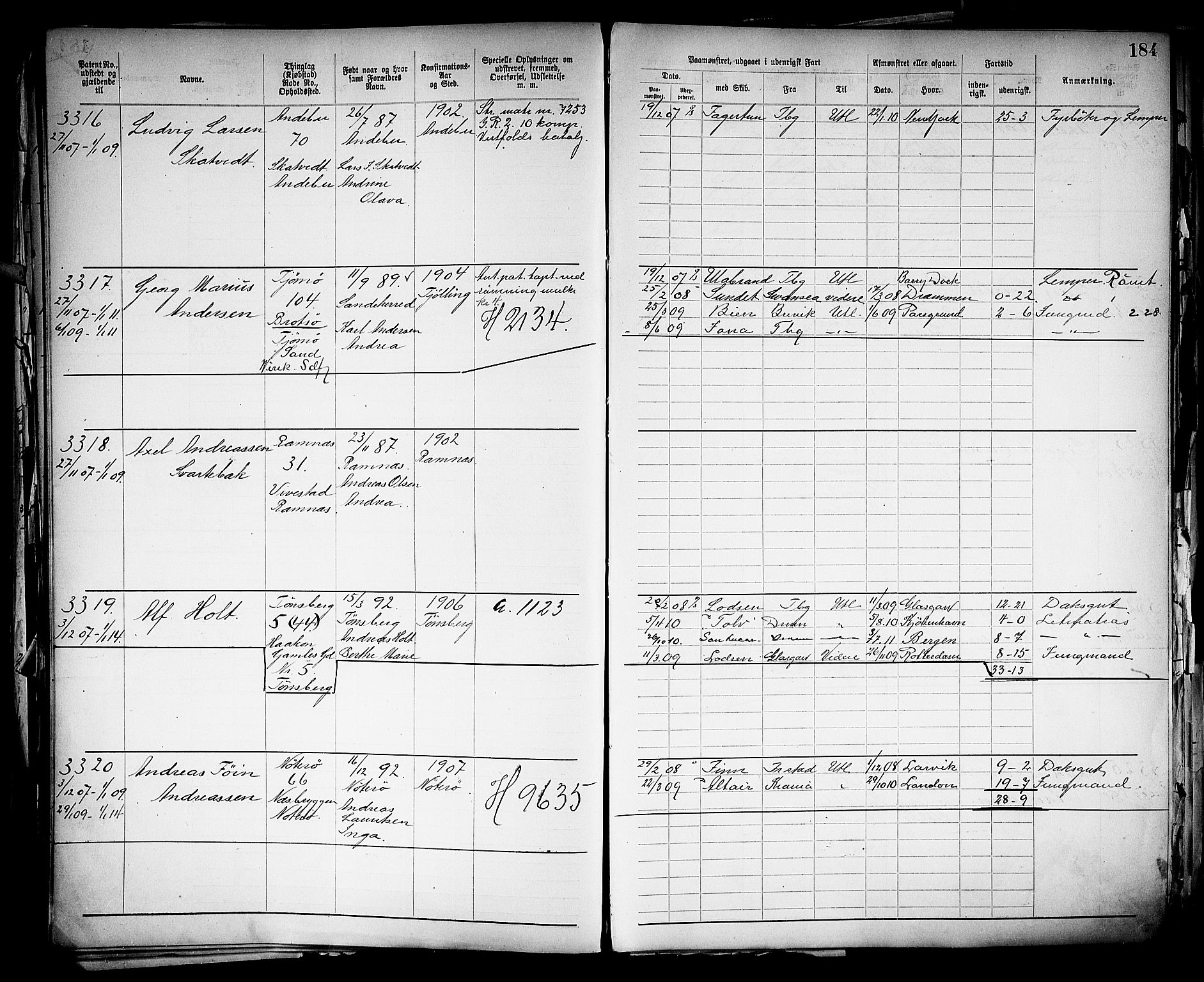 Tønsberg innrulleringskontor, SAKO/A-786/F/Fb/L0005: Annotasjonsrulle Patent nr. 2401-4080, 1904-1910, s. 187