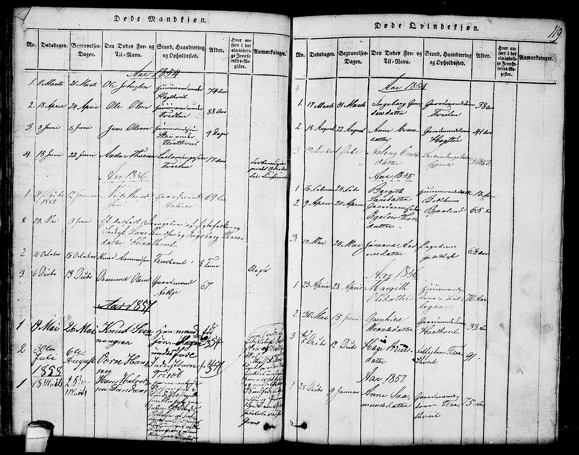 Lårdal kirkebøker, AV/SAKO-A-284/G/Ga/L0001: Klokkerbok nr. I 1, 1815-1861, s. 119