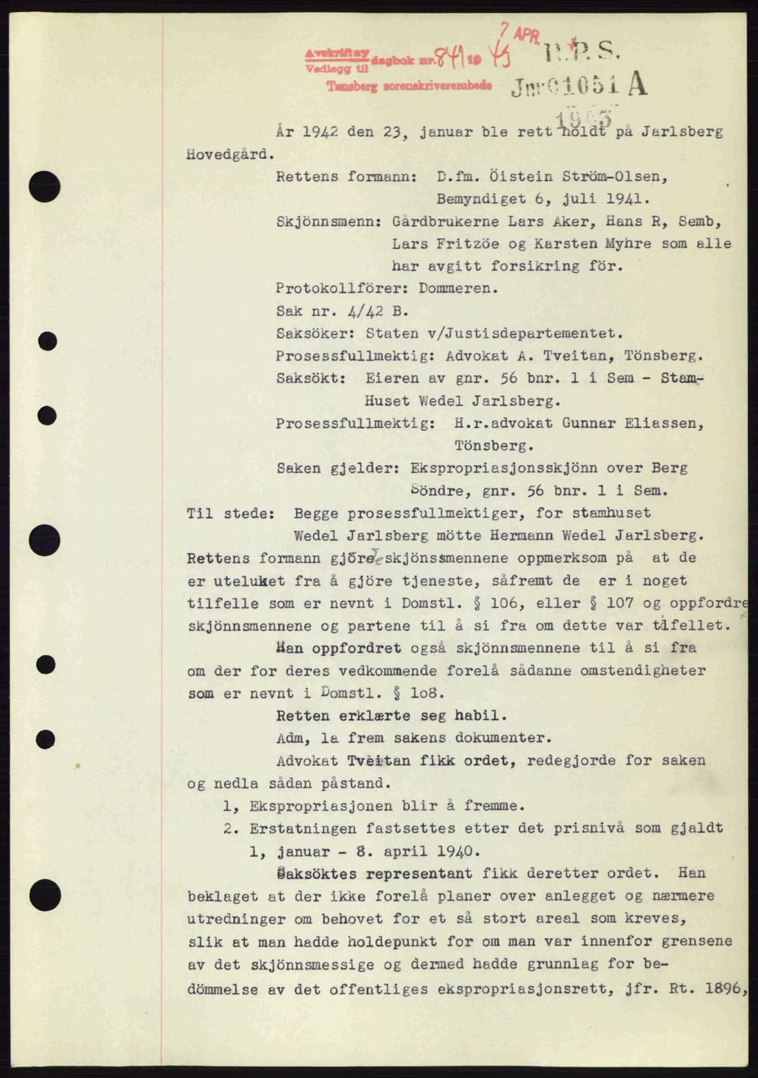 Jarlsberg sorenskriveri, SAKO/A-131/G/Ga/Gaa/L0013: Pantebok nr. A-13, 1942-1943, Dagboknr: 841/1943