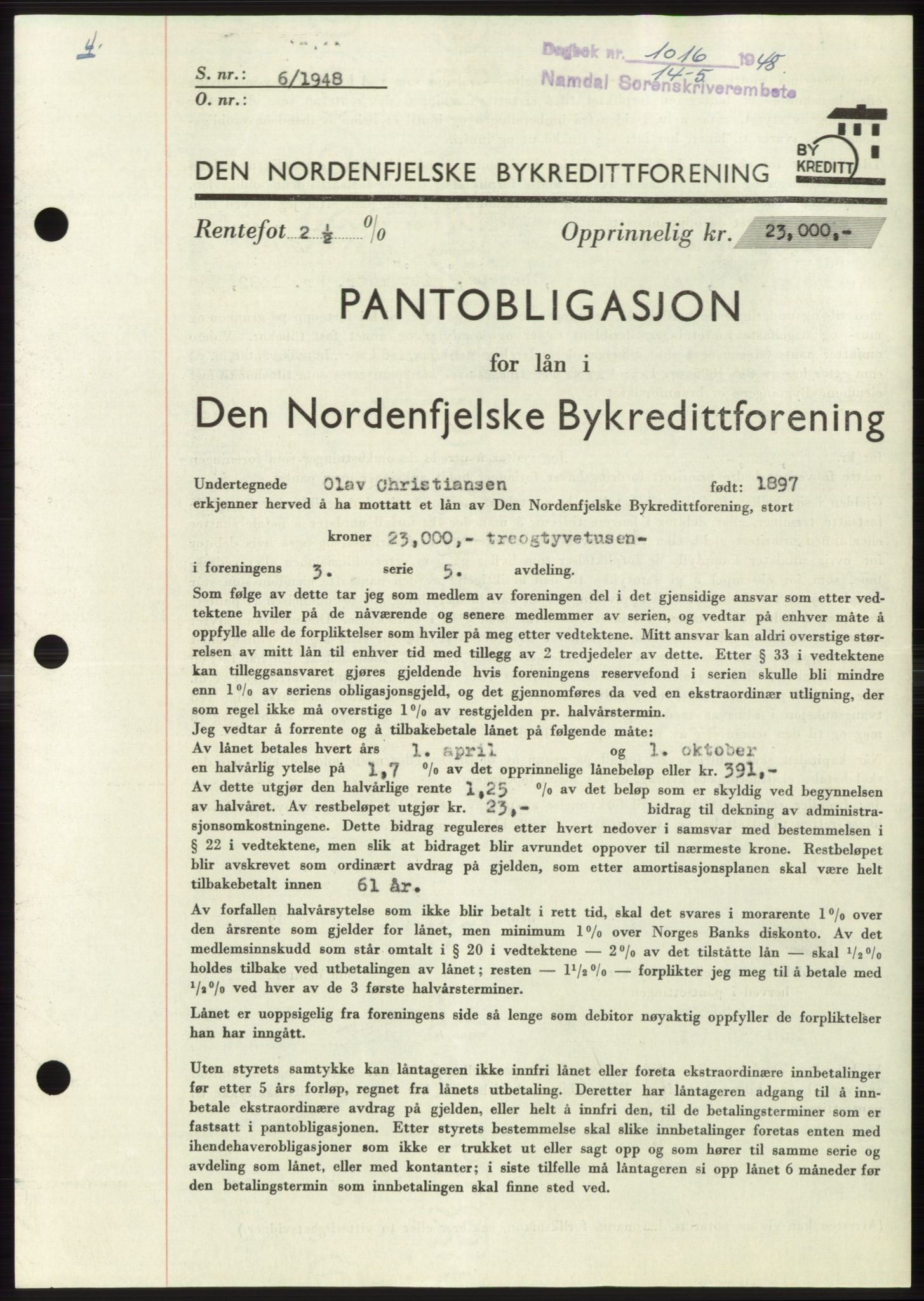 Namdal sorenskriveri, SAT/A-4133/1/2/2C: Pantebok nr. -, 1947-1948, Dagboknr: 1016/1948