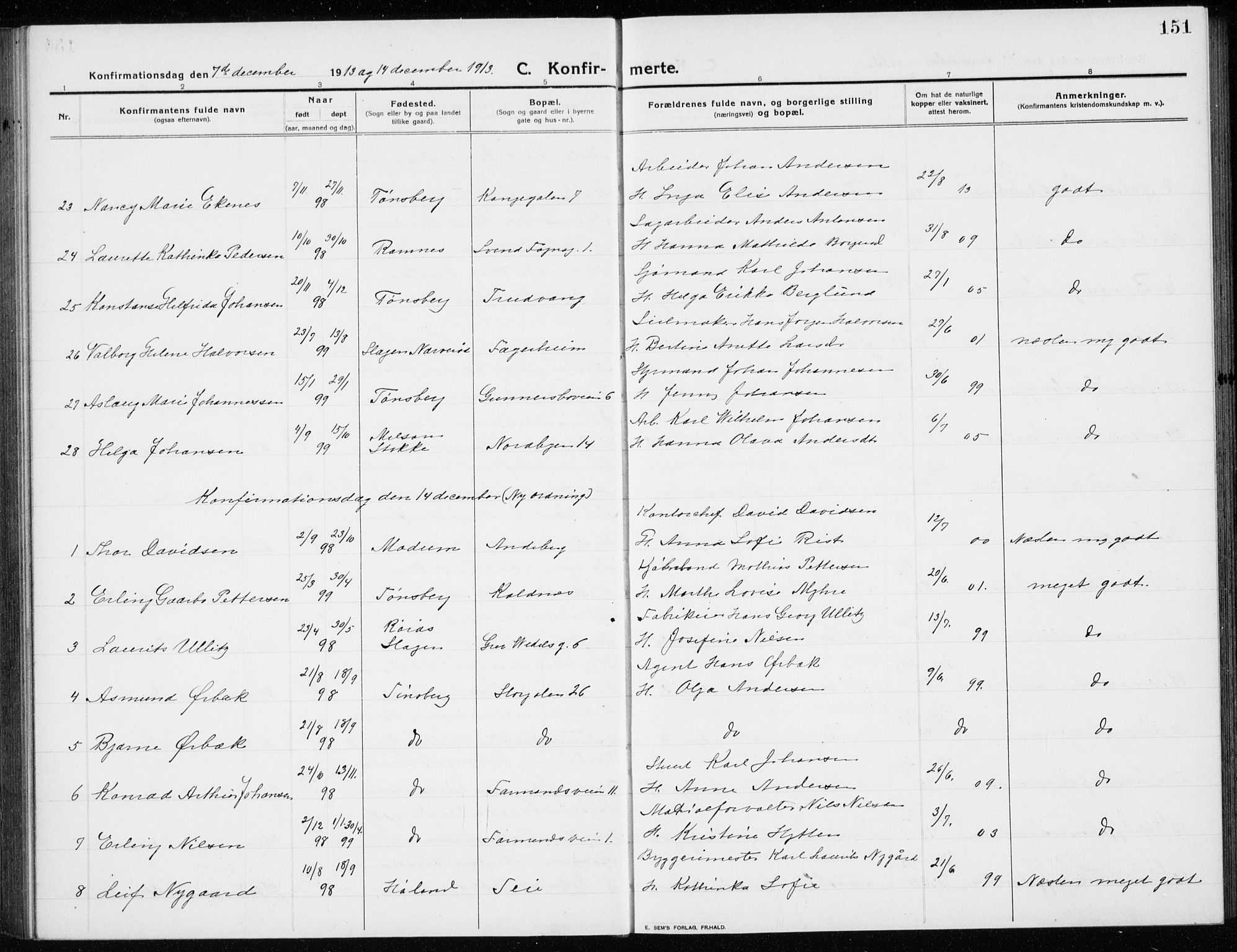 Tønsberg kirkebøker, AV/SAKO-A-330/G/Ga/L0009: Klokkerbok nr. 9, 1913-1920, s. 151