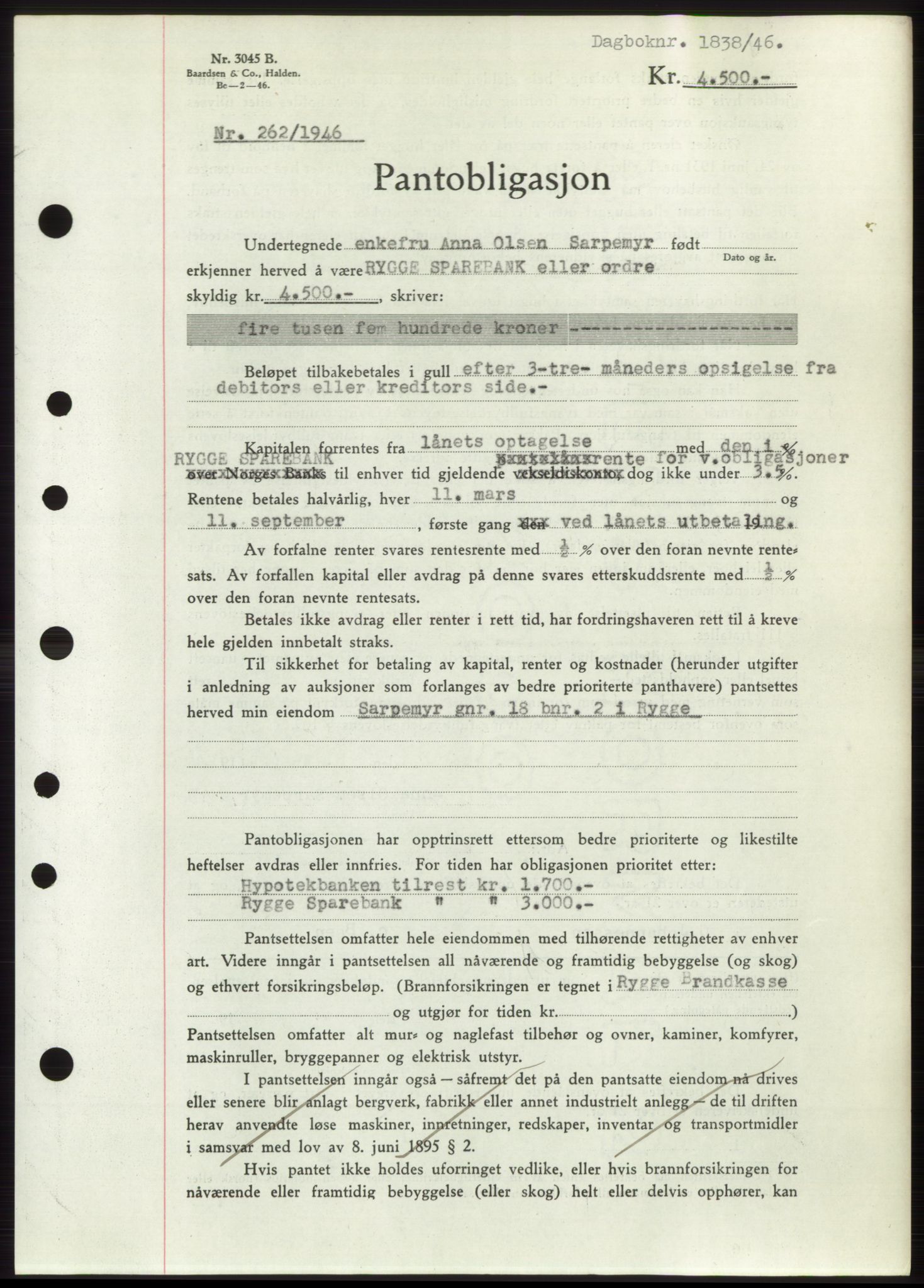 Moss sorenskriveri, SAO/A-10168: Pantebok nr. B15, 1946-1946, Dagboknr: 1838/1946