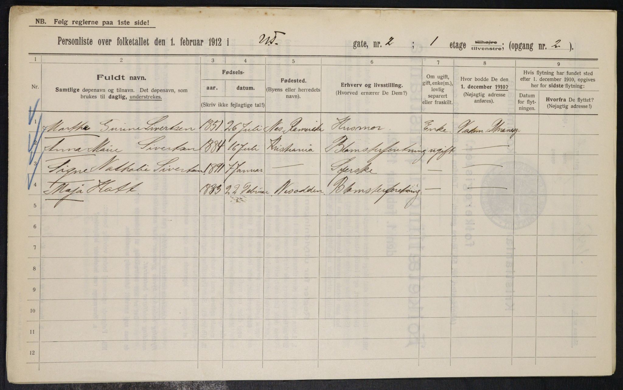 OBA, Kommunal folketelling 1.2.1912 for Kristiania, 1912, s. 126209