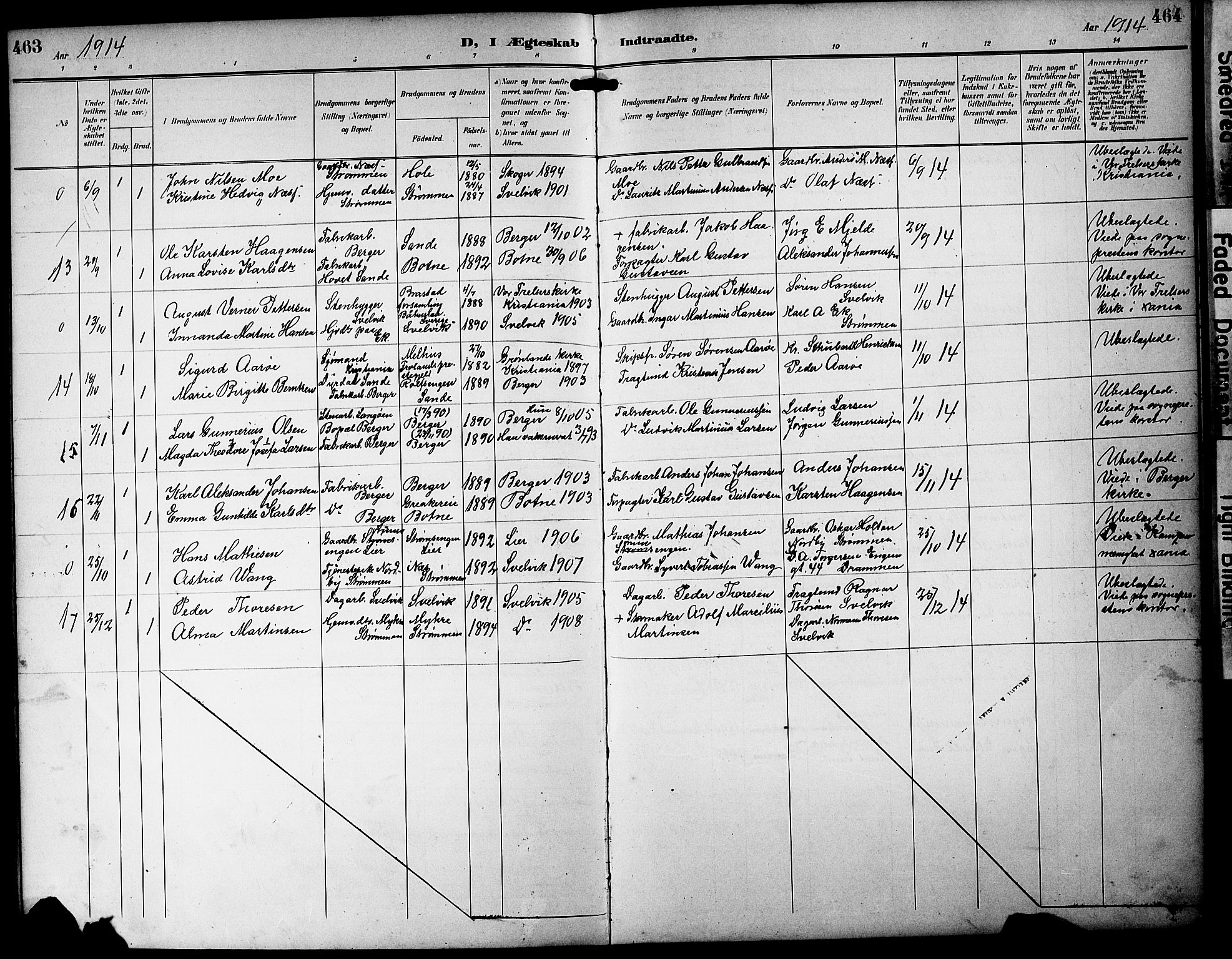 Strømm kirkebøker, AV/SAKO-A-322/G/Ga/L0004: Klokkerbok nr. I 4, 1897-1927, s. 463-464