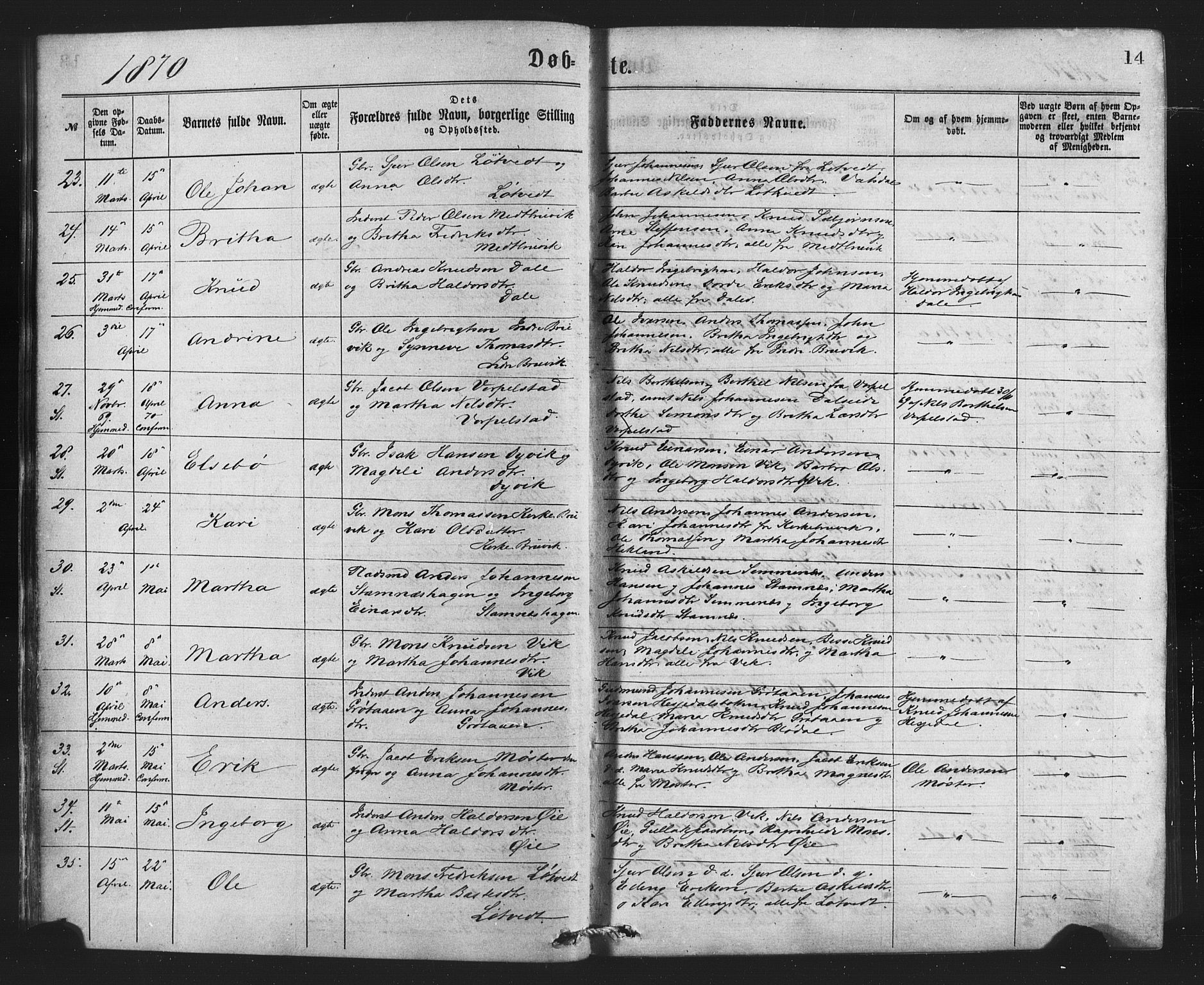 Bruvik Sokneprestembete, AV/SAB-A-74701/H/Haa: Ministerialbok nr. A 1, 1869-1877, s. 14