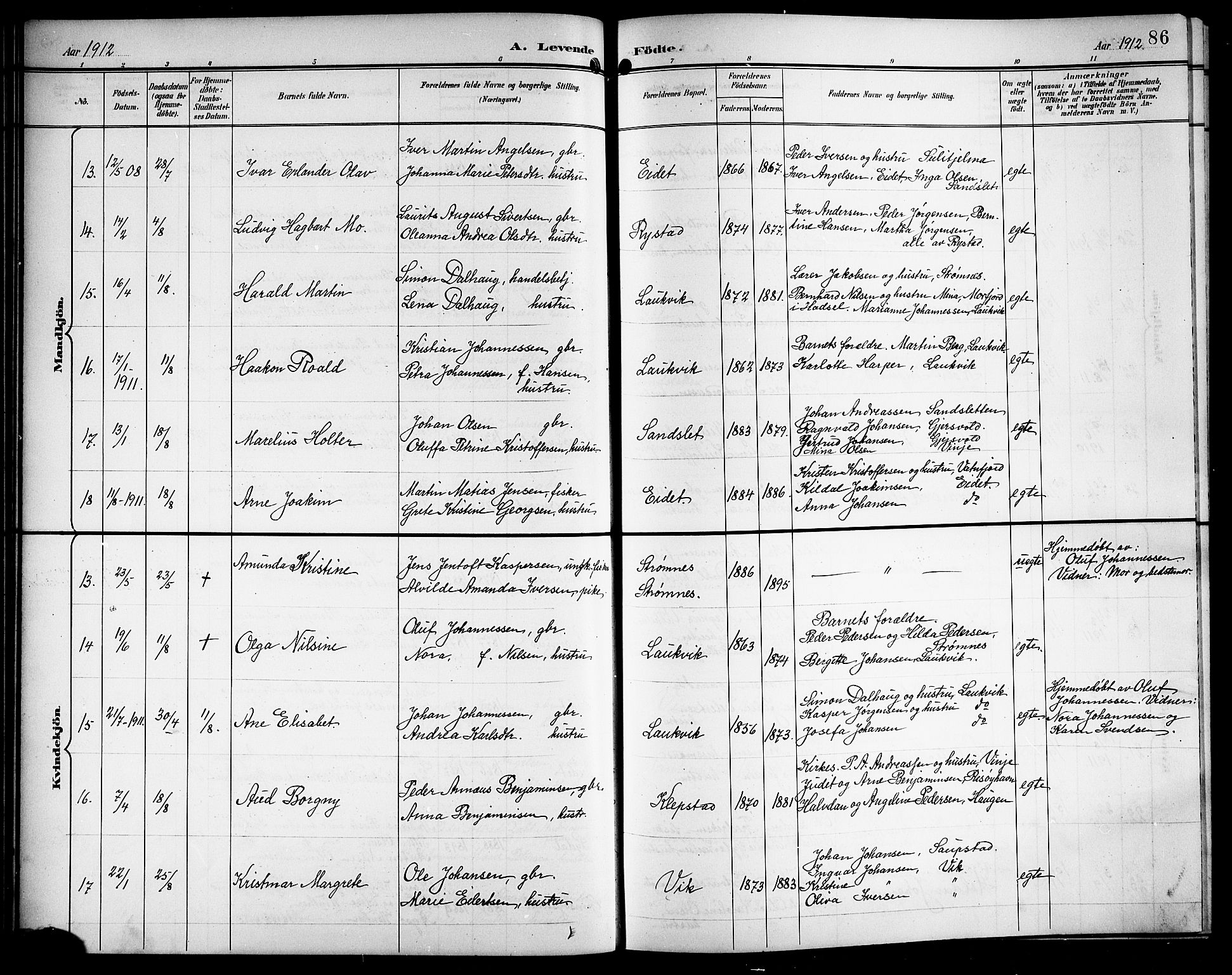 Ministerialprotokoller, klokkerbøker og fødselsregistre - Nordland, AV/SAT-A-1459/876/L1105: Klokkerbok nr. 876C04, 1896-1914, s. 86