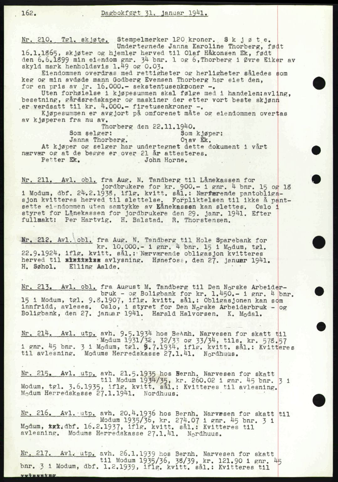 Eiker, Modum og Sigdal sorenskriveri, SAKO/A-123/G/Ga/Gab/L0043: Pantebok nr. A13, 1940-1941, Dagboknr: 210/1941