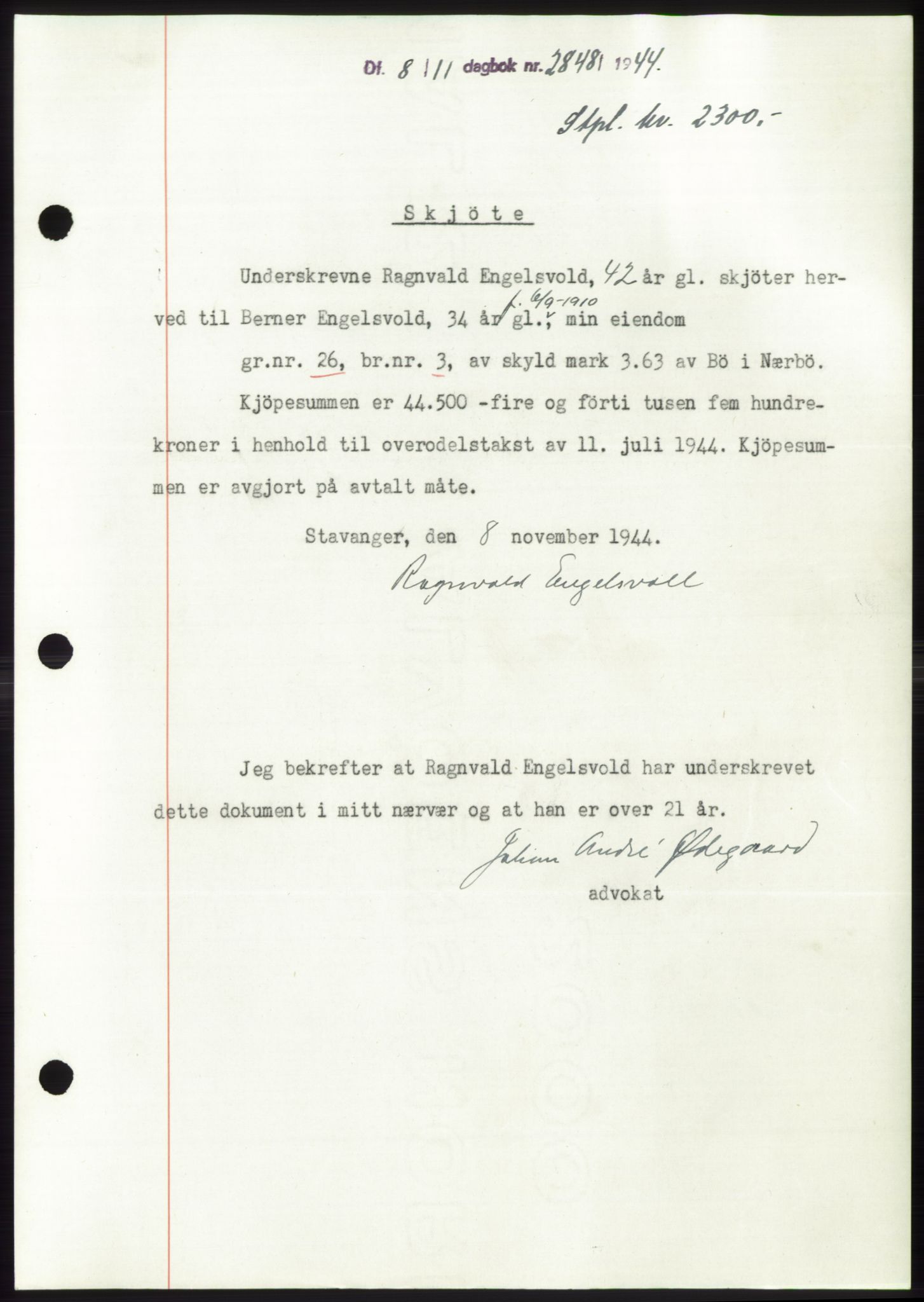 Jæren sorenskriveri, SAST/A-100310/03/G/Gba/L0087: Pantebok, 1944-1945, Dagboknr: 2848/1944