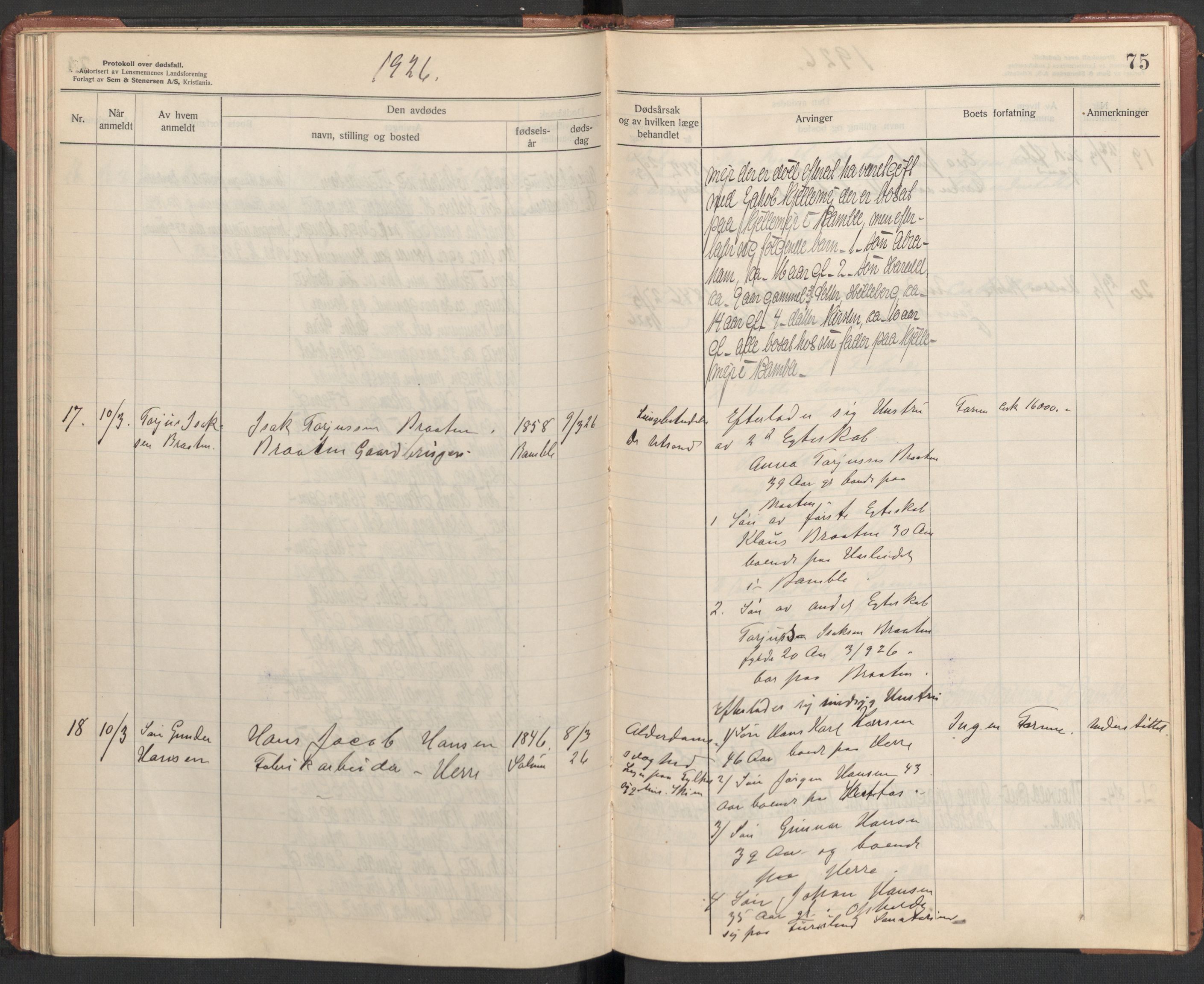 Bamble lensmannskontor, AV/SAKO-A-552/H/Ha/Haa/L0004: Dødsfallsprotokoll, 1923-1926, s. 75