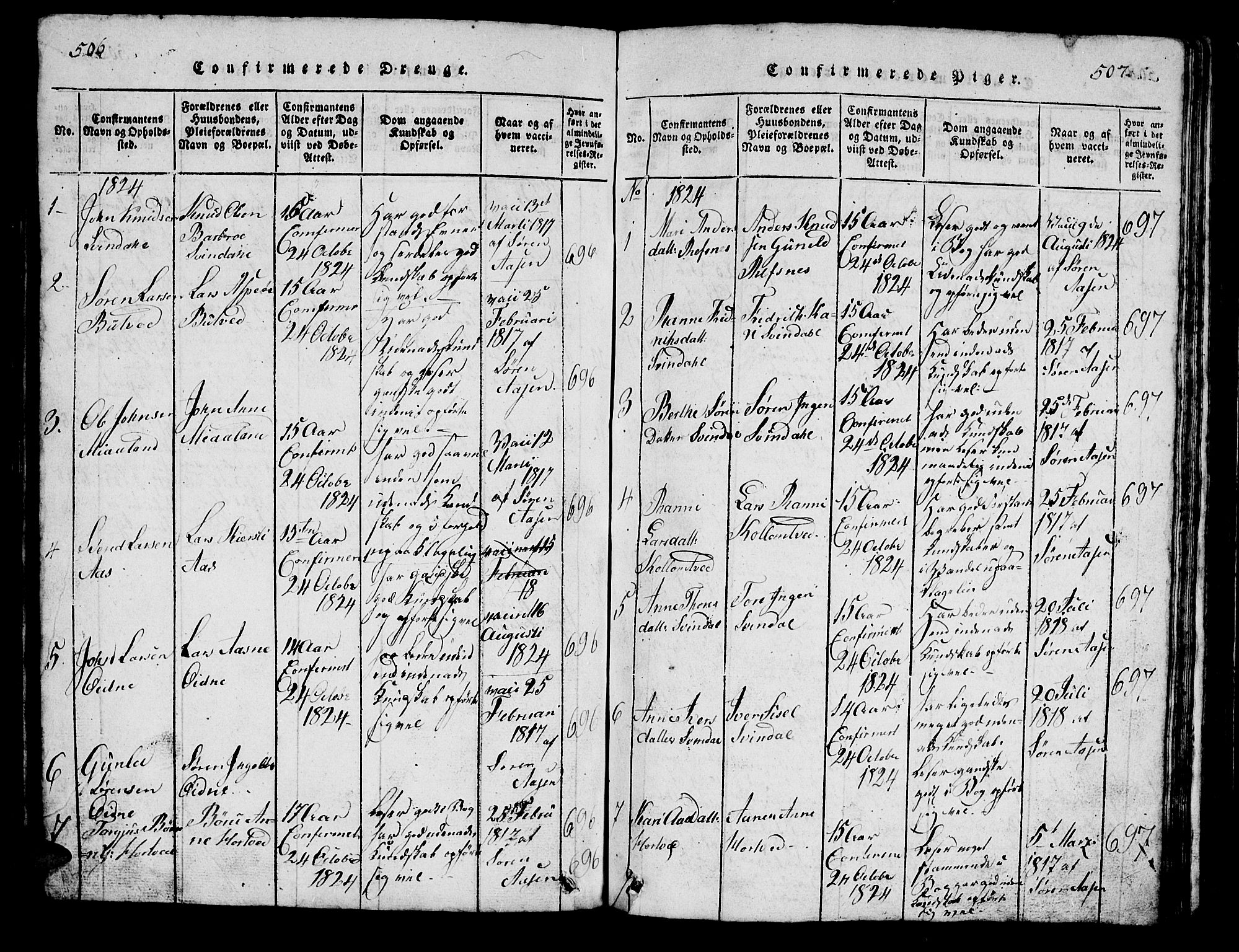 Bjelland sokneprestkontor, SAK/1111-0005/F/Fb/Fbc/L0001: Klokkerbok nr. B 1, 1815-1870, s. 506-507