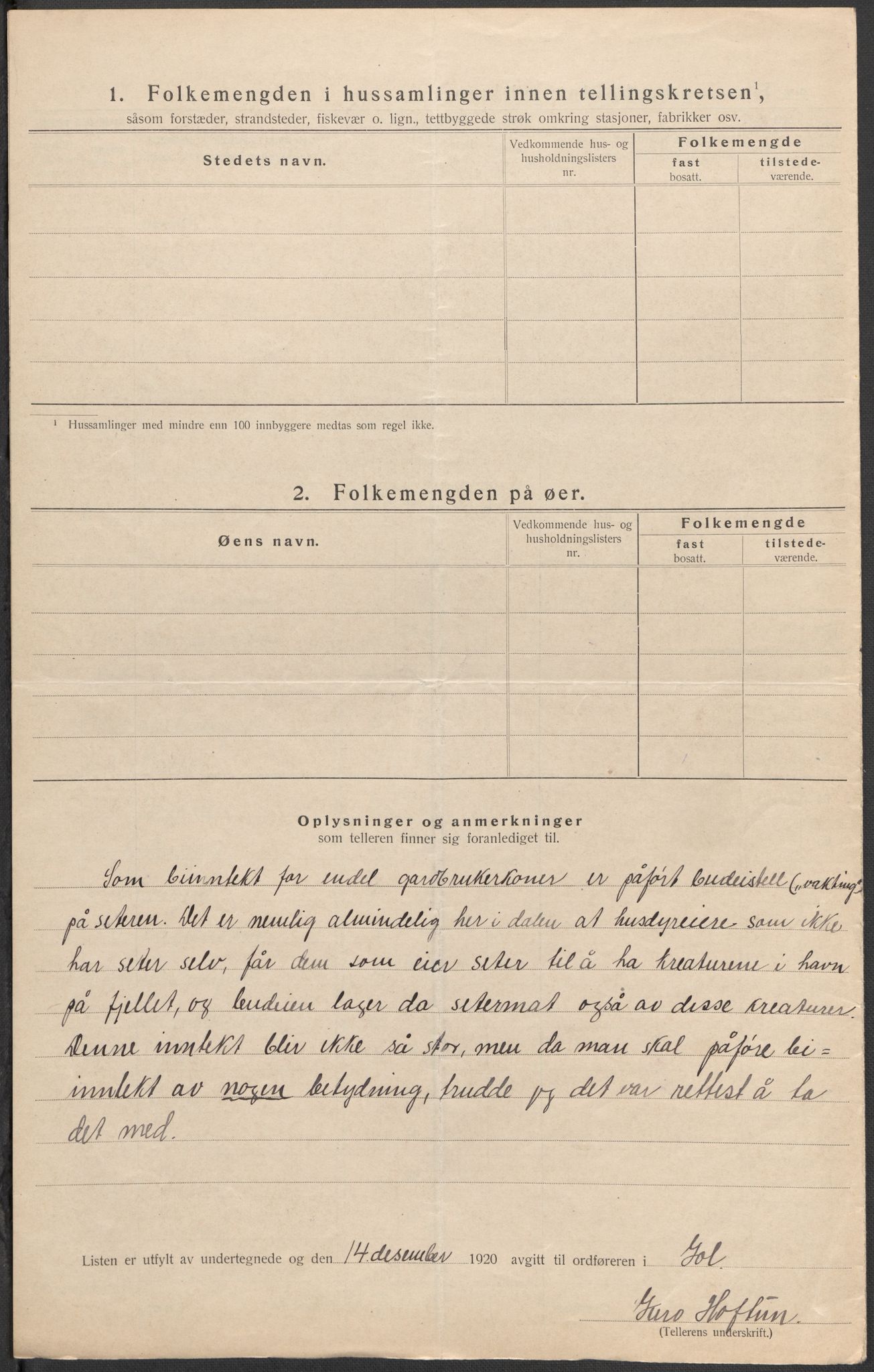 SAKO, Folketelling 1920 for 0617 Gol herred, 1920, s. 7