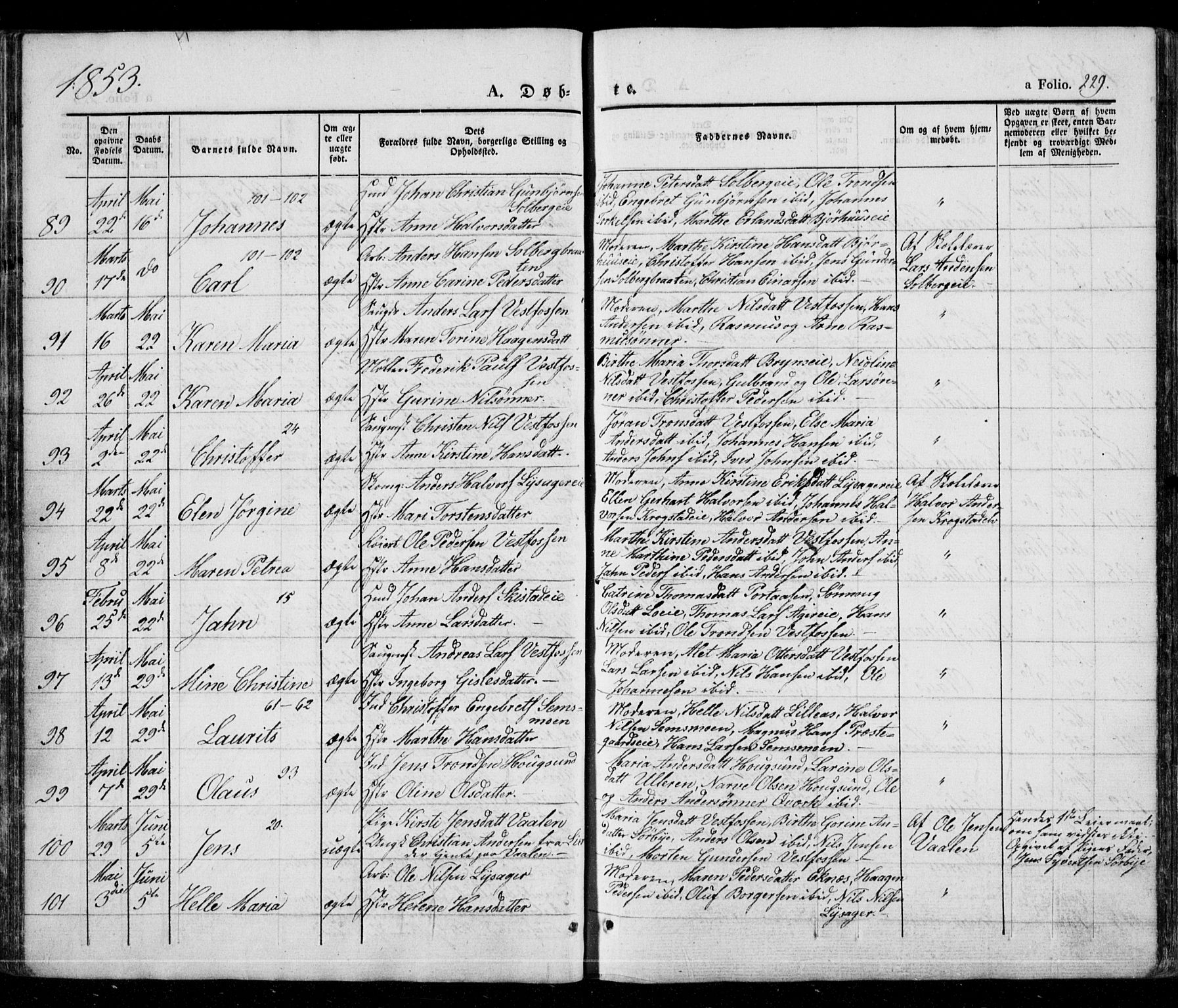 Eiker kirkebøker, AV/SAKO-A-4/G/Ga/L0002: Klokkerbok nr. I 2, 1832-1856, s. 229