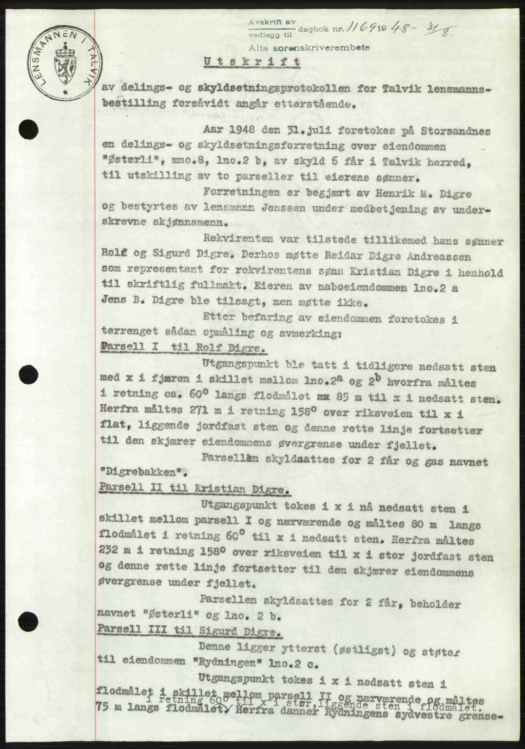 Alta fogderi/sorenskriveri, SATØ/SATØ-5/1/K/Kd/L0037pantebok: Pantebok nr. 39-40, 1948-1949, Dagboknr: 1169/1948