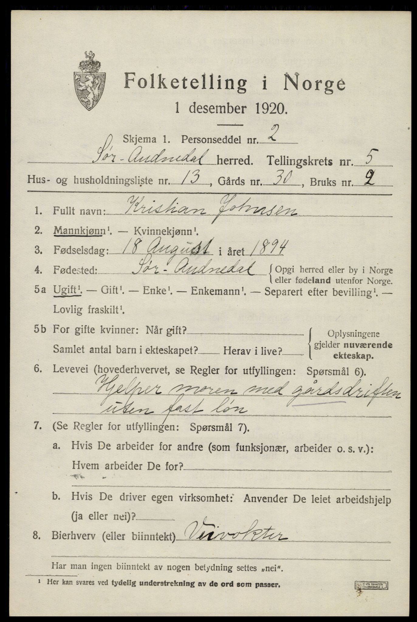 SAK, Folketelling 1920 for 1029 Sør-Audnedal herred, 1920, s. 2633