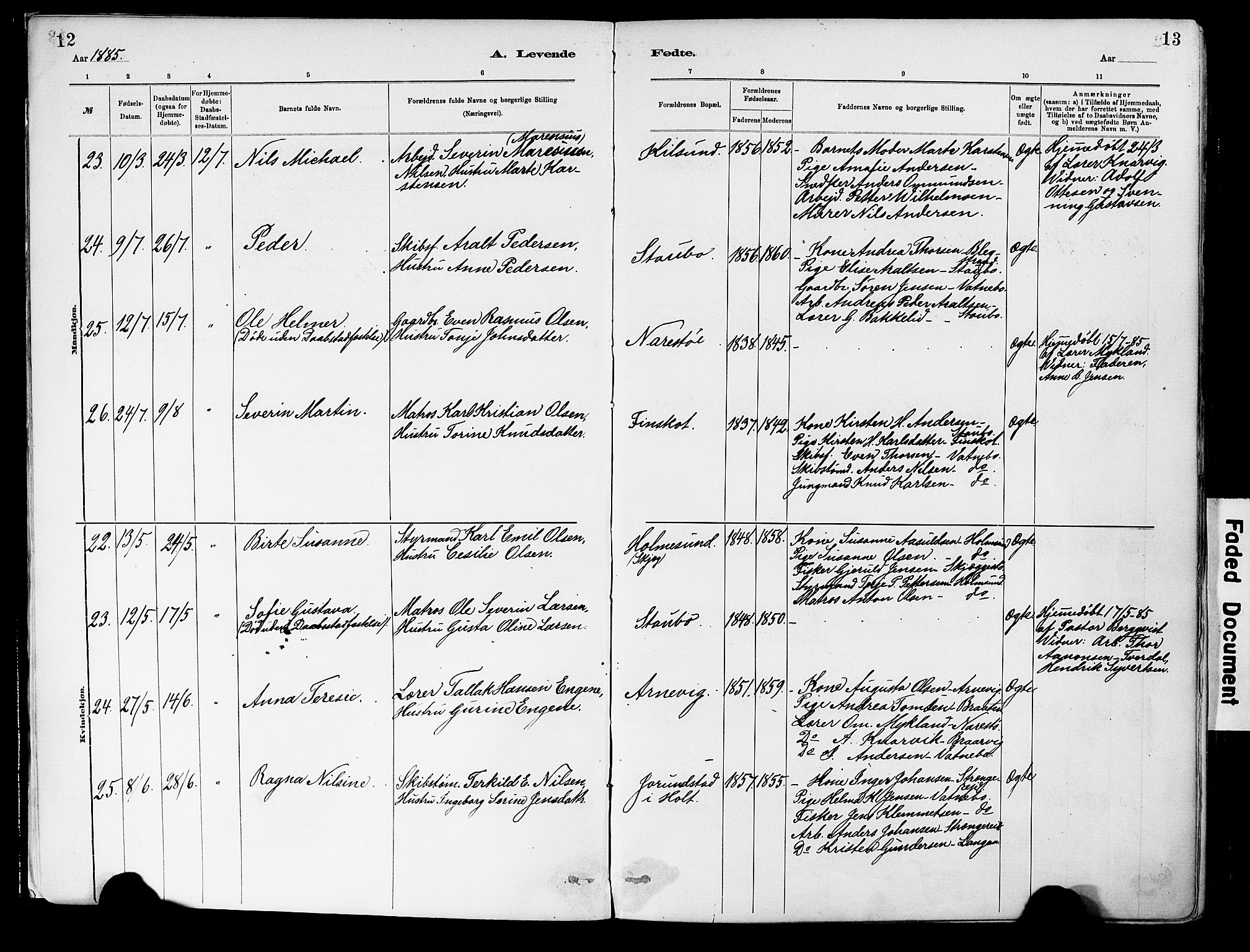 Dypvåg sokneprestkontor, AV/SAK-1111-0007/F/Fa/Fab/L0001: Ministerialbok nr. A 1, 1885-1912, s. 12-13