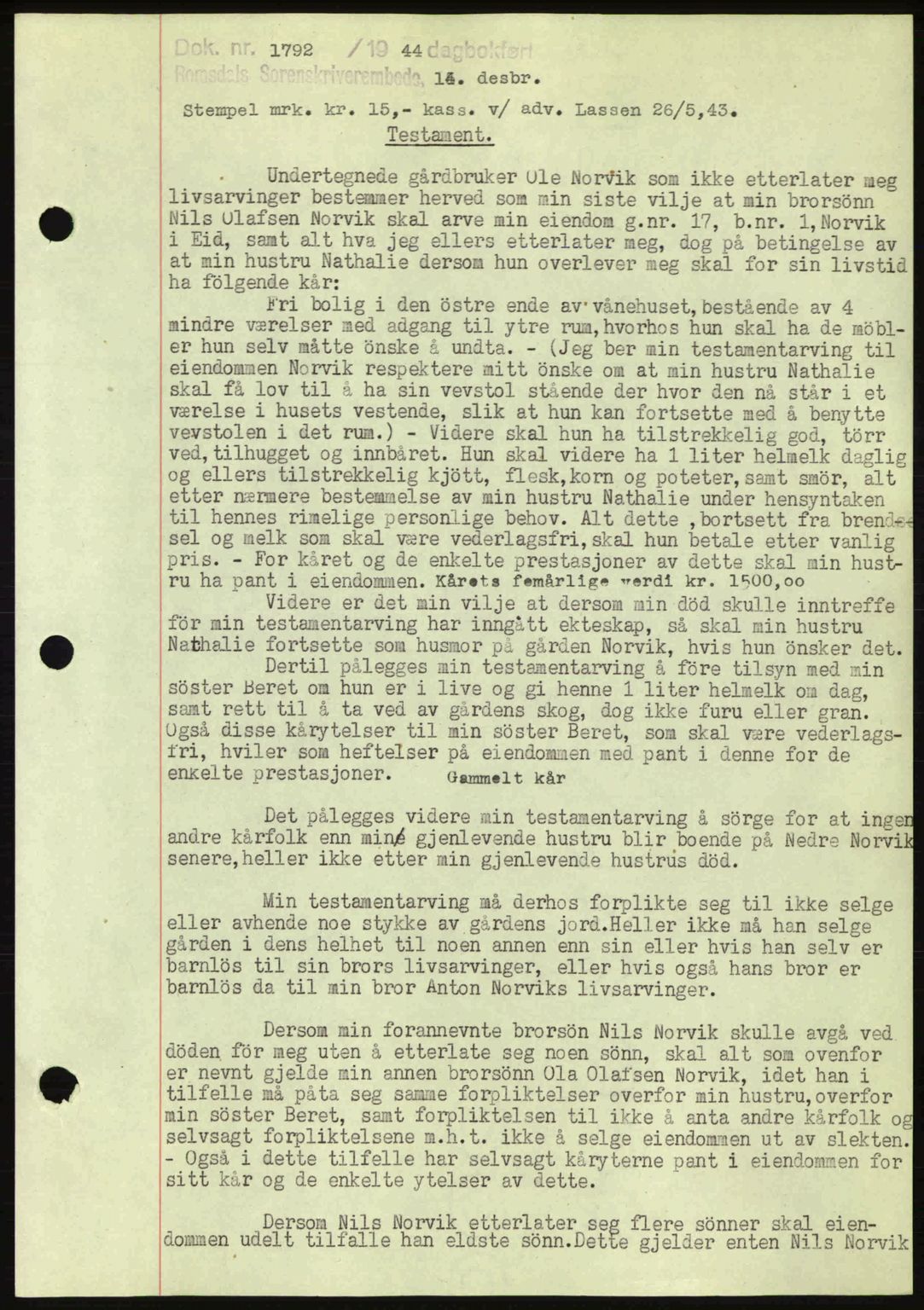 Romsdal sorenskriveri, SAT/A-4149/1/2/2C: Pantebok nr. A17, 1944-1945, Dagboknr: 1792/1944